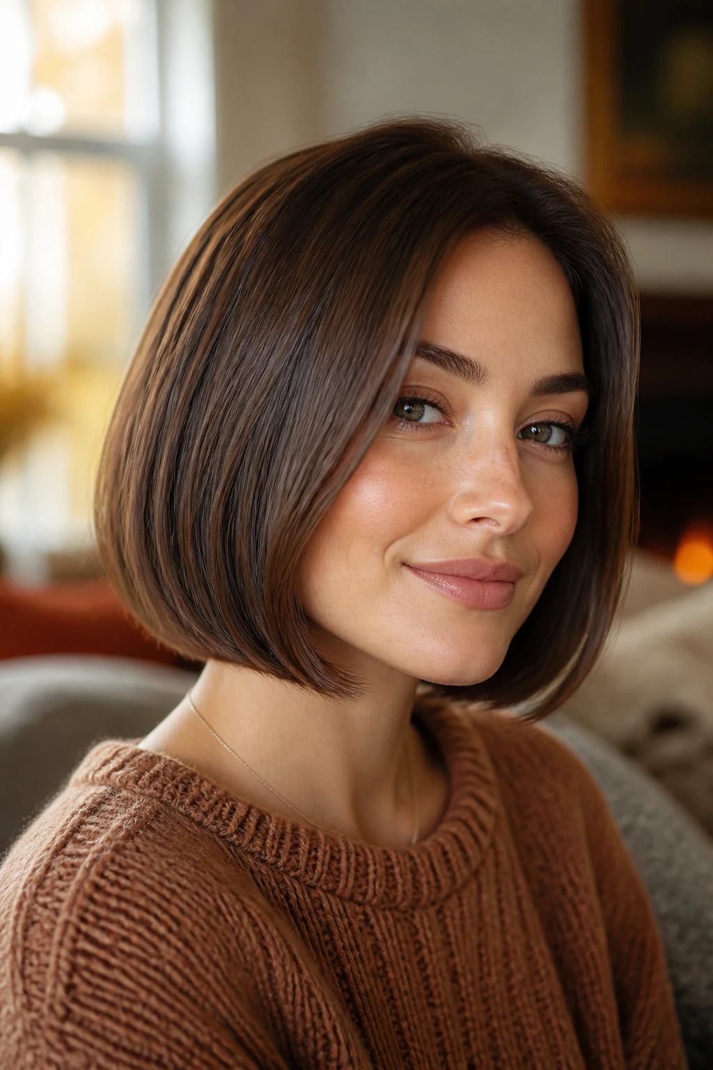 Real-person portrait showing rounded bob with an inward curve and neat jawline.