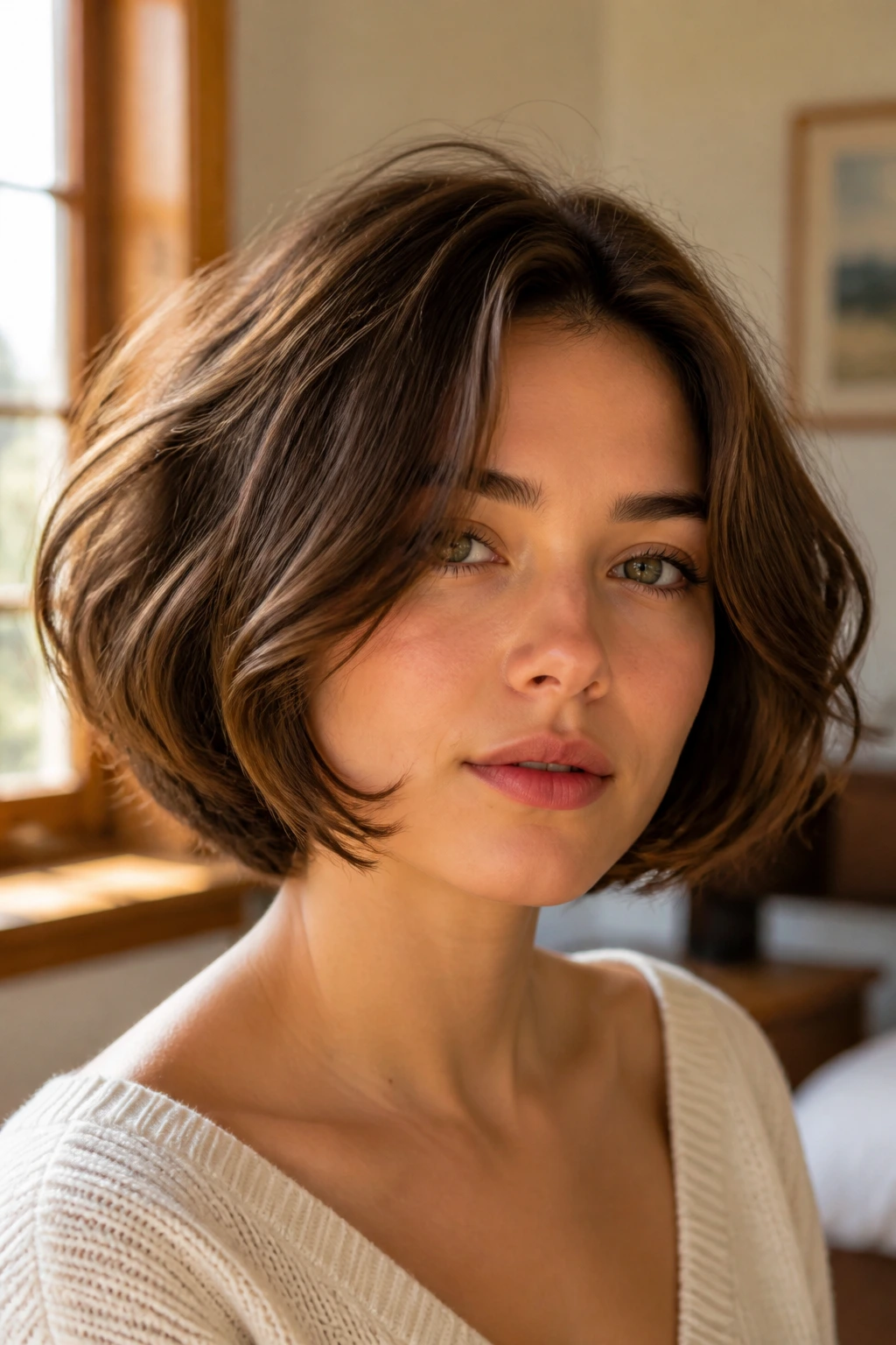 Portrait of a person with jaw-skimming rounded bob