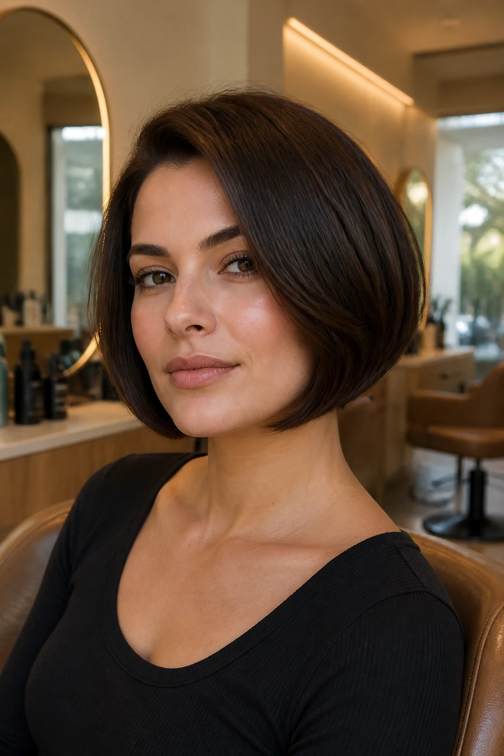 Close-up of a real woman with rounded bob hugging the jawline in a chic salon