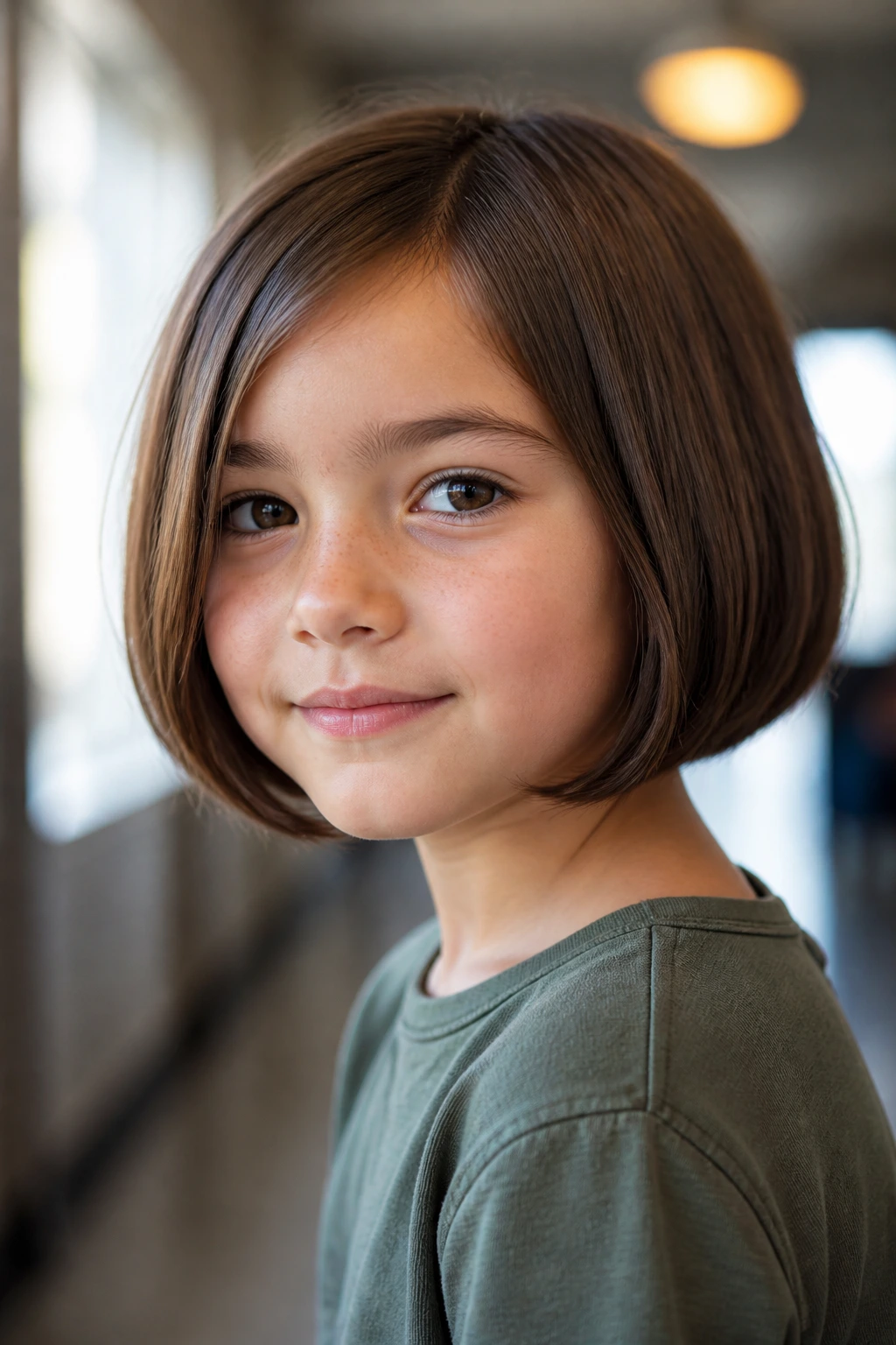 Close-up of child with rounded bob in soft light hallway
