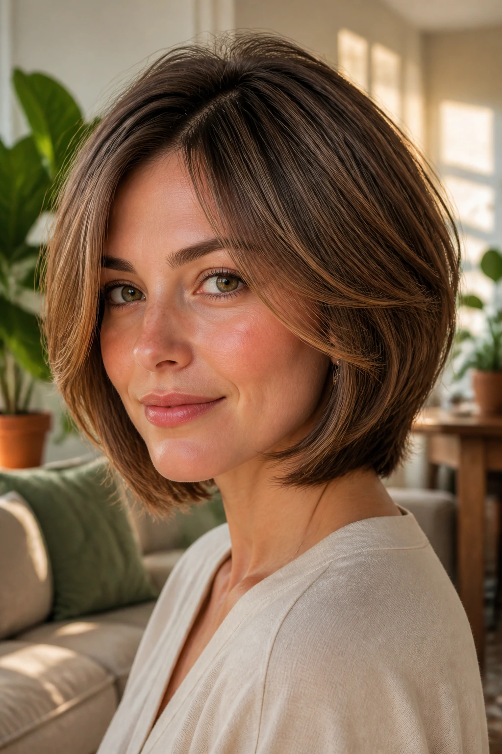 Close-up of a woman with rounded bob and light layers
