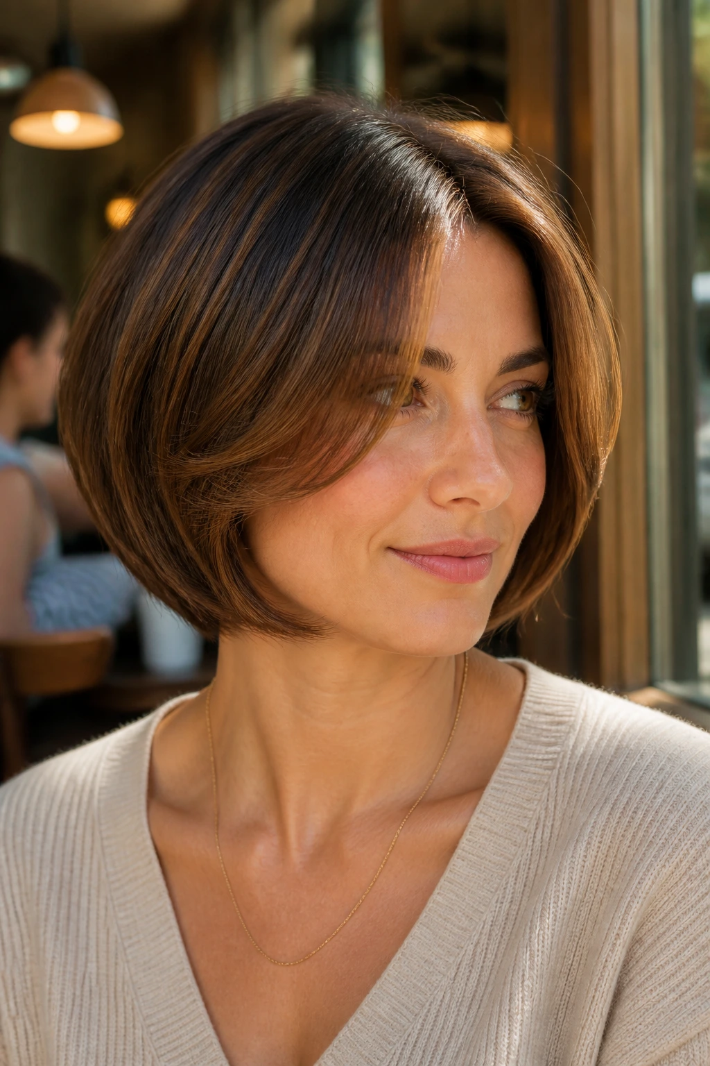 Close-up of a real woman with a rounded bob and face-framing layers in sunlit cafe light