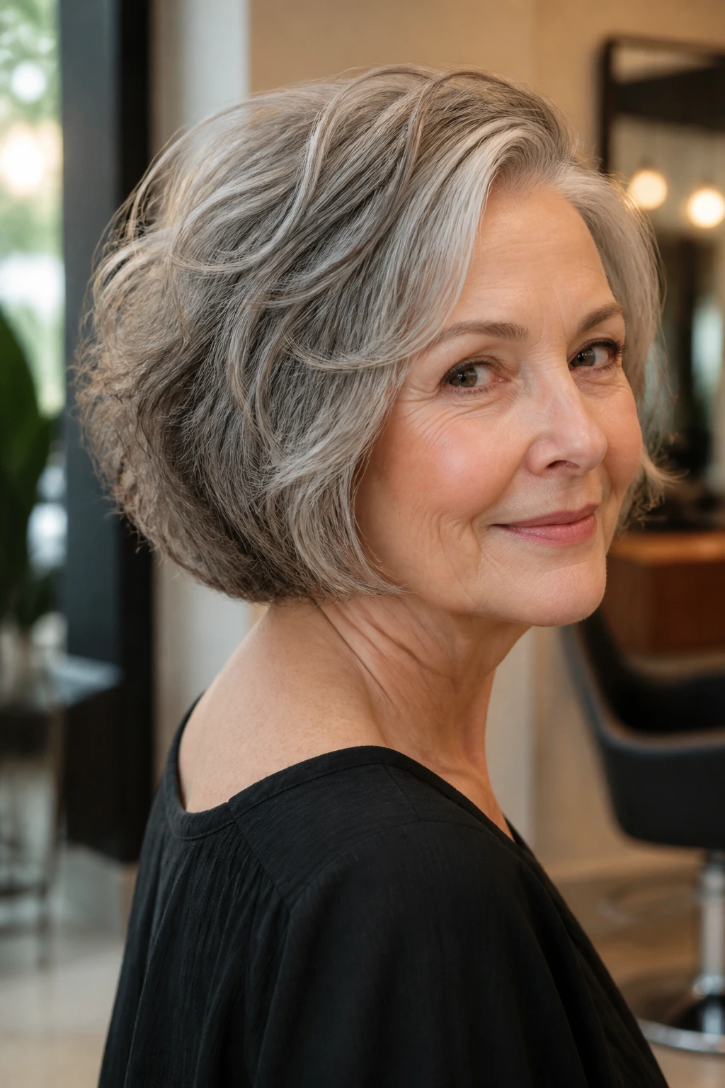 Portrait of a real woman with rounded bob and lifted back hairstyle in a salon