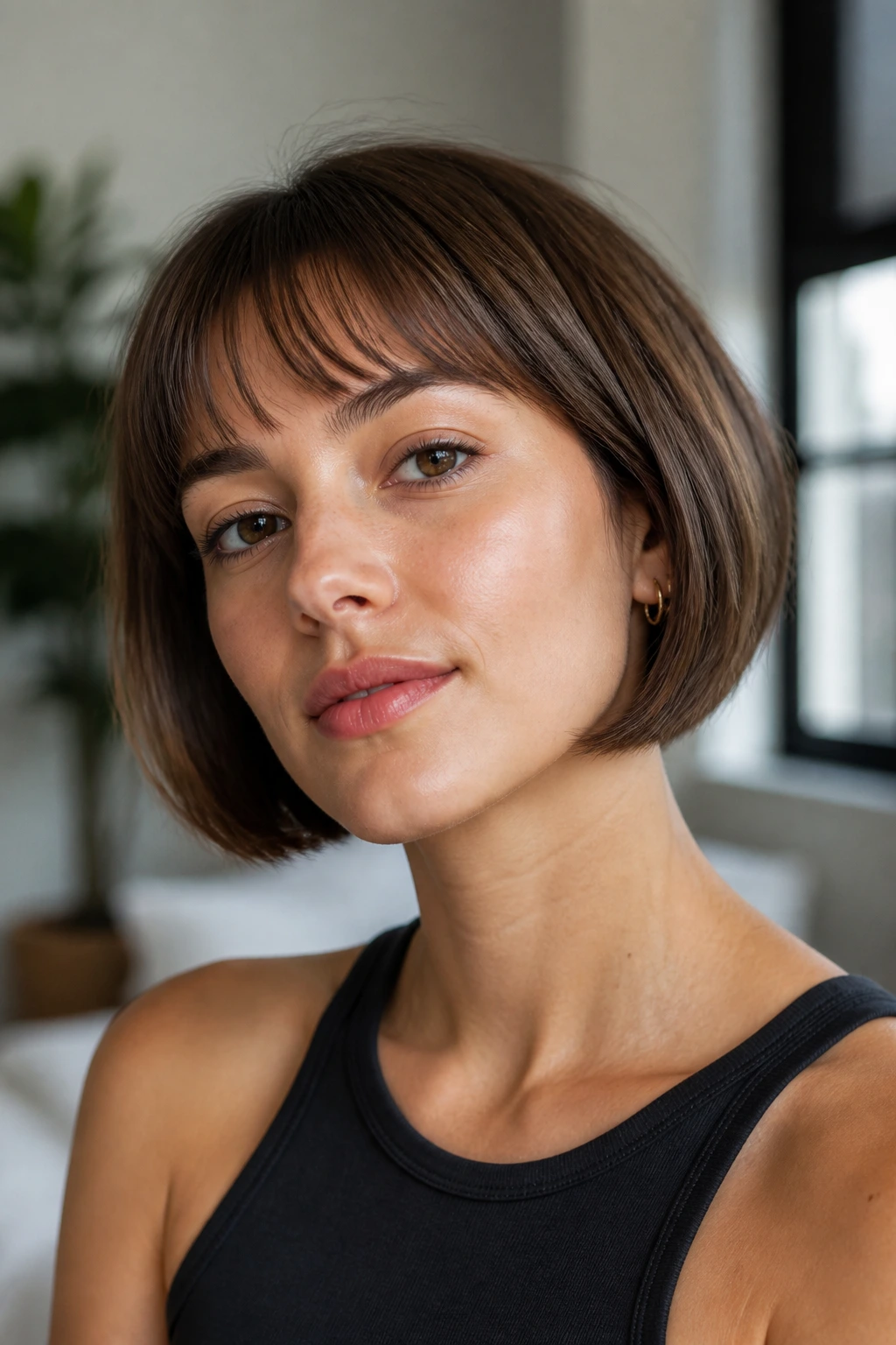 Portrait of a person with rounded bob and micro bangs