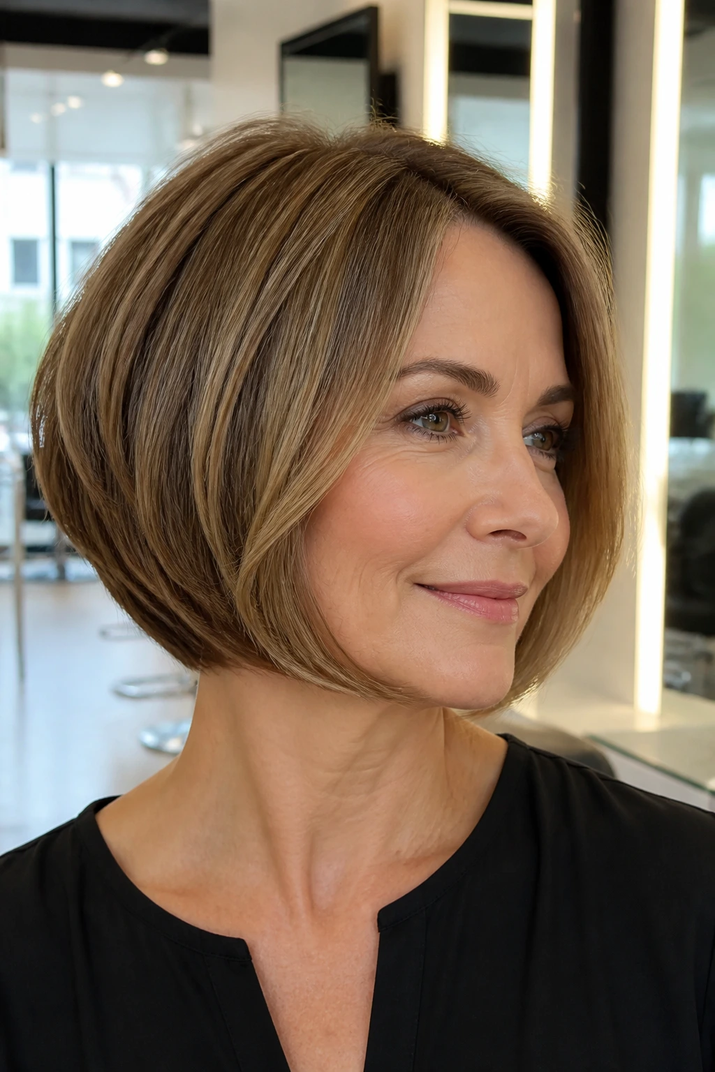 Close-up of a real woman with rounded bob and micro layers.