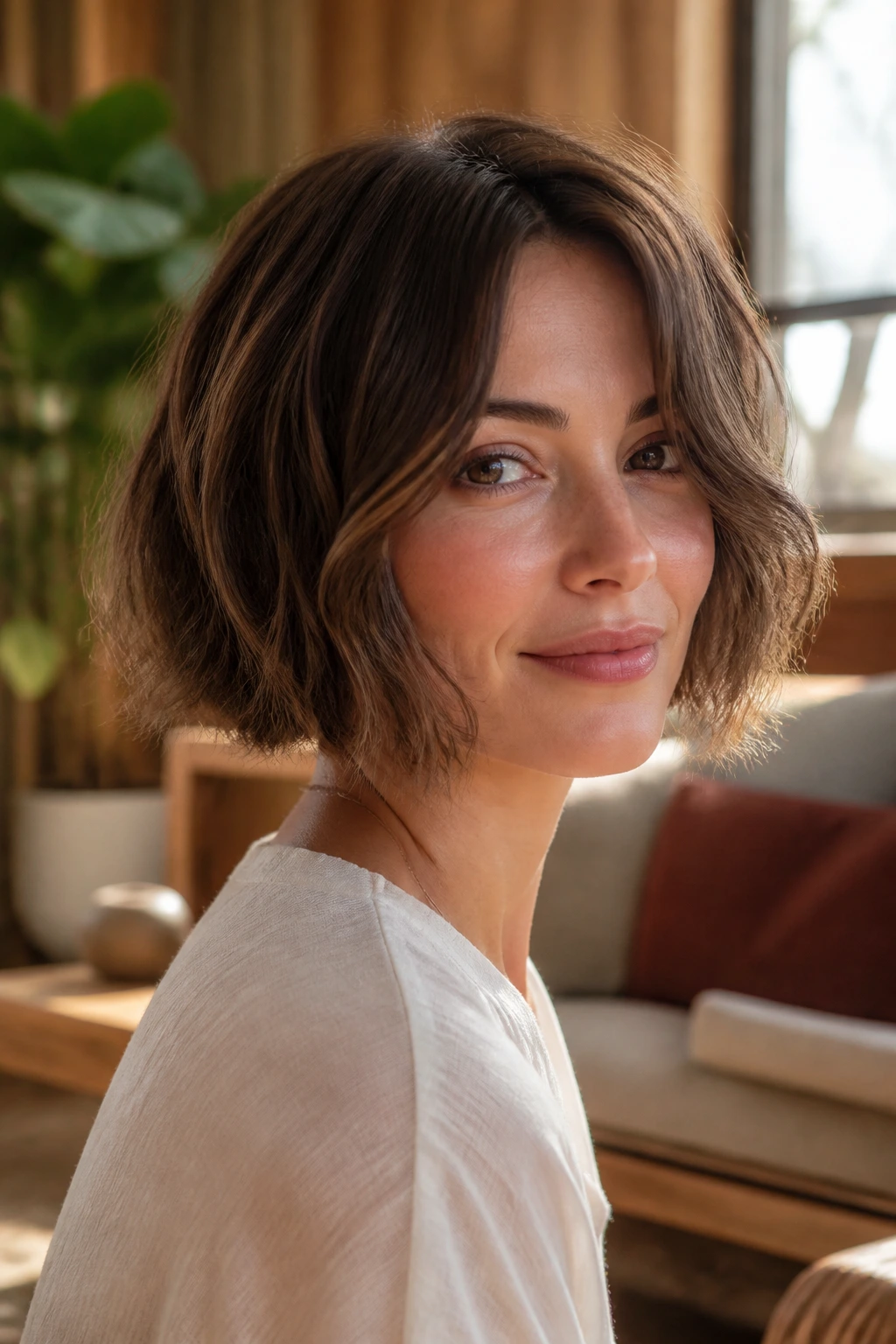 Portrait of woman with rounded retro bob and modern texture