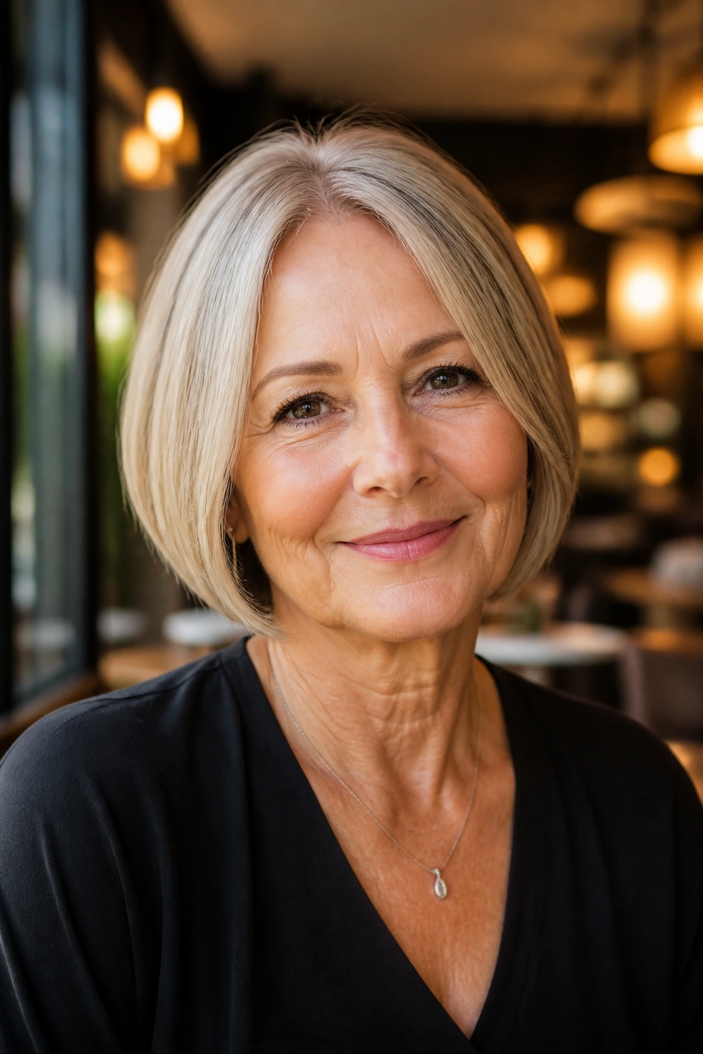 Real woman with rounded bob and soft perimeter in a warm cafe setting.
