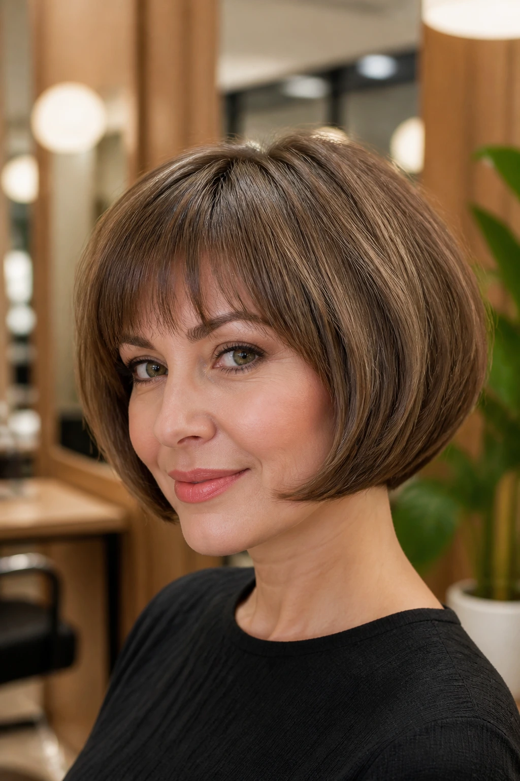 Close-up of a real woman with a plush rounded bubble bob in a stylish salon.