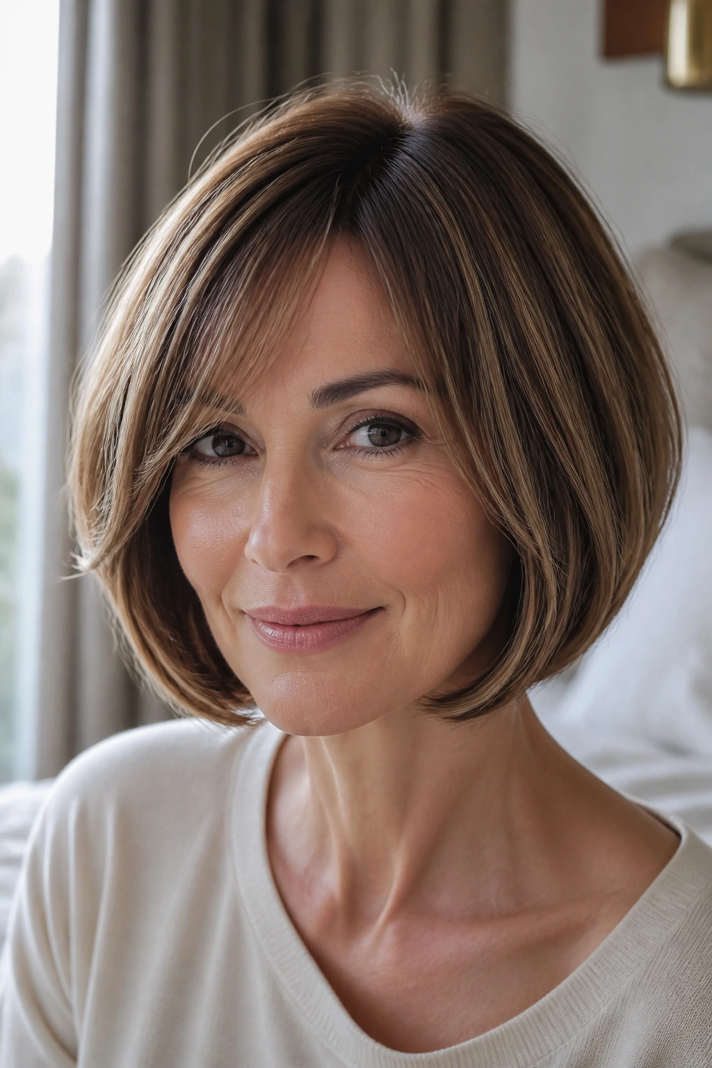 Close-up of a real woman with rounded bob and polished bend under natural window light