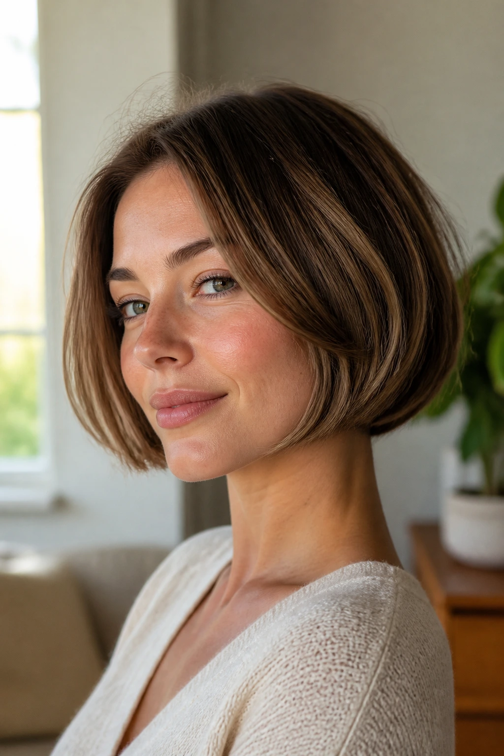 Portrait of woman with rounded bob close-up in sunlit living room