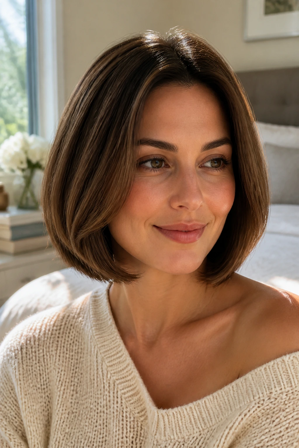 Close-up portrait of a real woman with a rounded bob curving inward