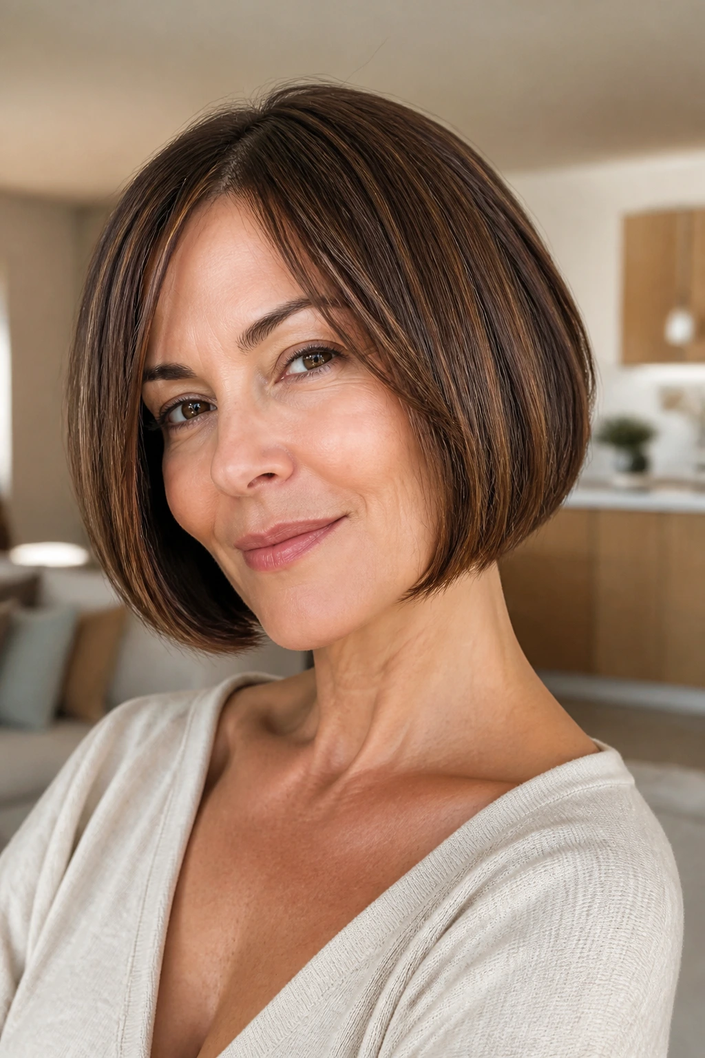Close-up portrait of a real woman wearing a rounded bob with soft inward curve.