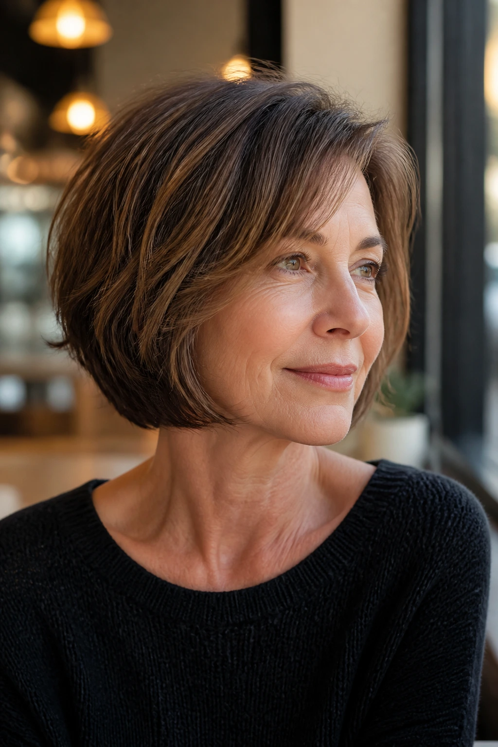 Close-up portrait of a real woman with rounded bob shag, soft curved silhouette