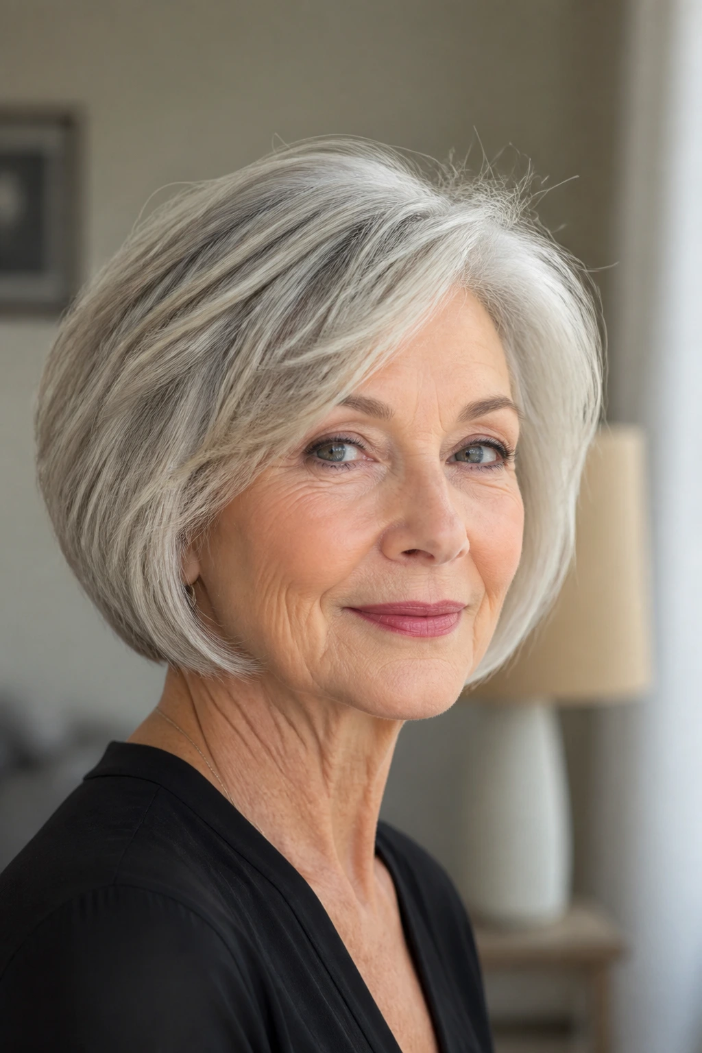 Close-up of a real woman with a rounded bob that flatters various hair types.