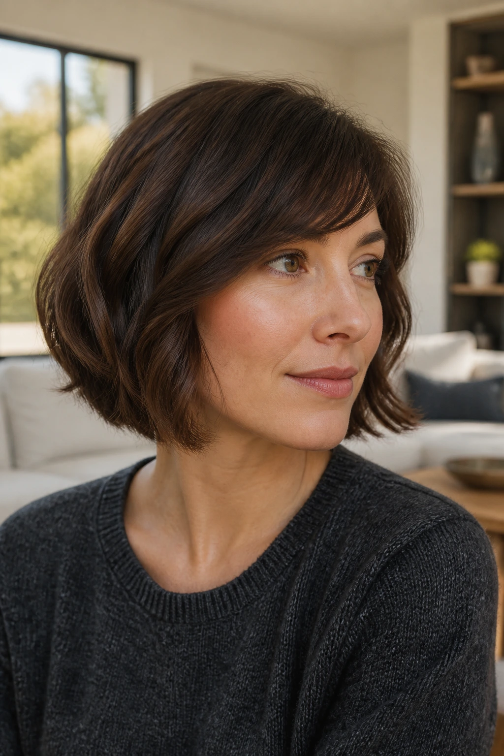 Real person with rounded bob and side bangs in a bright room