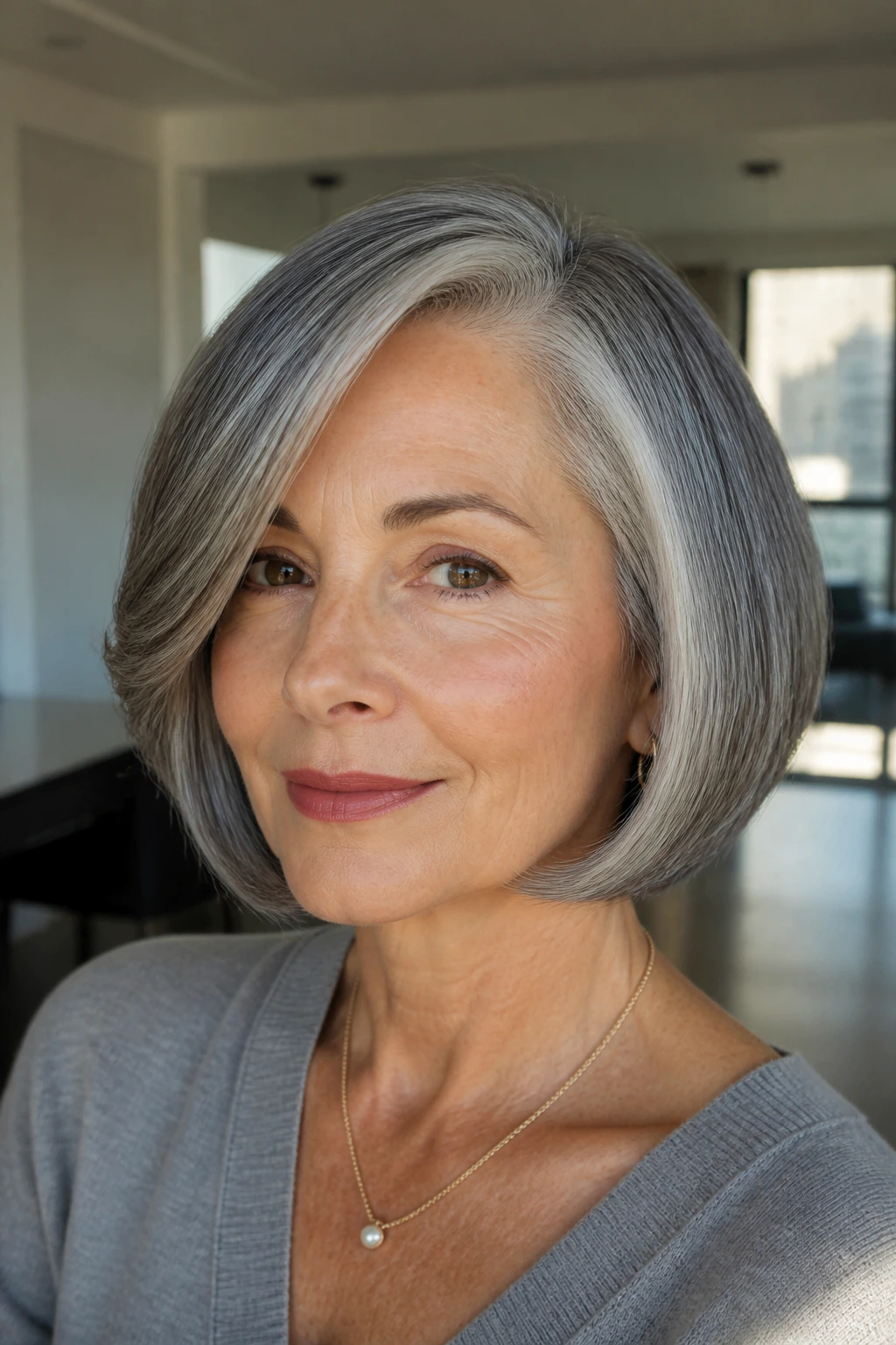 Close-up of a real woman with a sleek rounded bob and deep side part