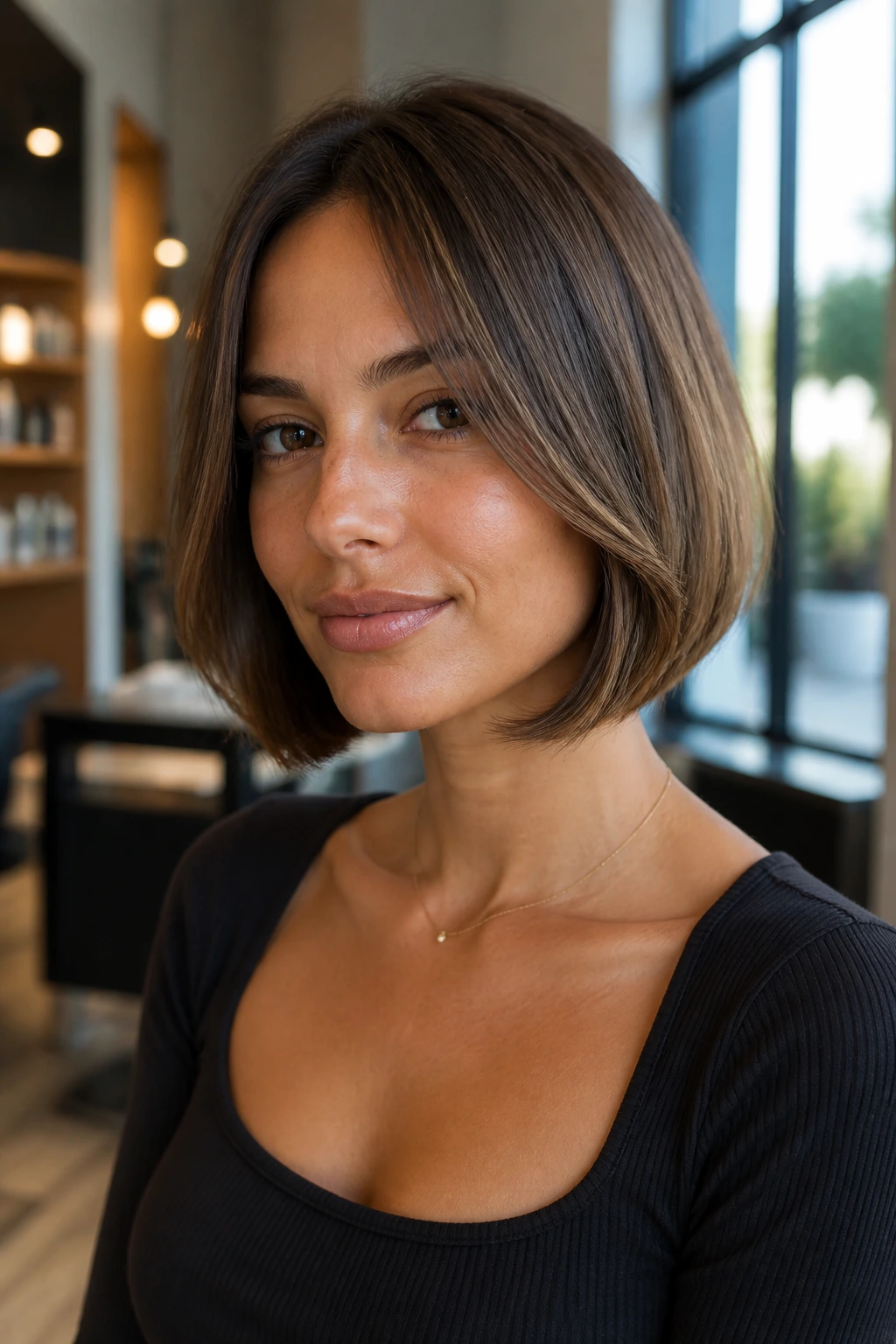 Close-up of a woman with a rounded bob and soft bevel at the ends