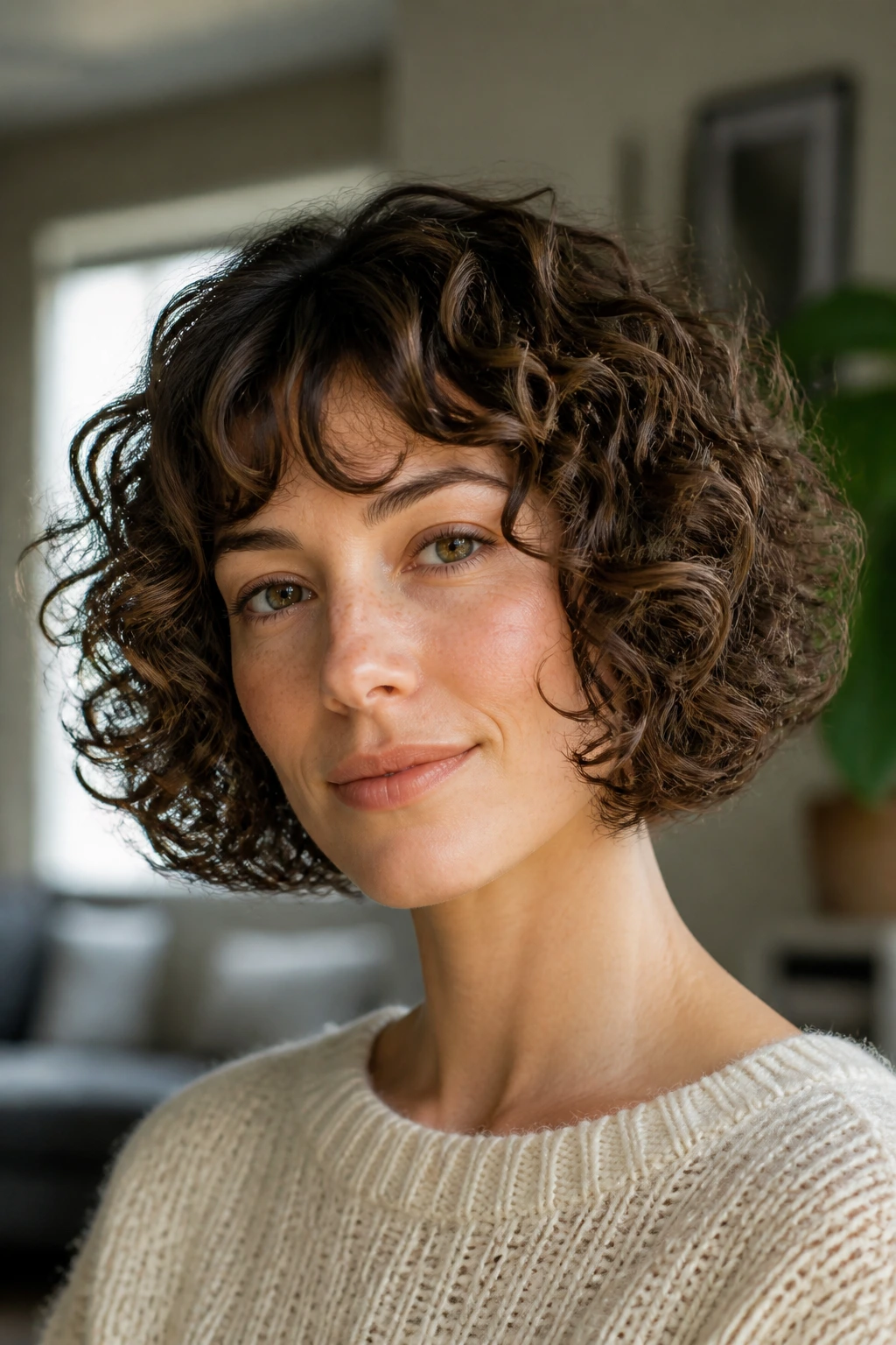 Portrait of a woman with rounded curly bob and soft ends