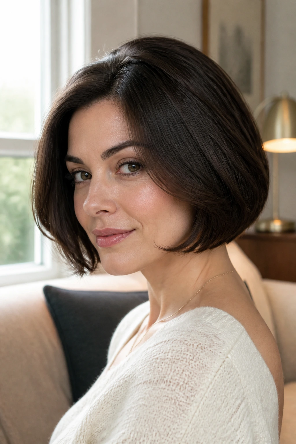 Close-up portrait of a real woman with rounded bob and soft end curls in soft daylight