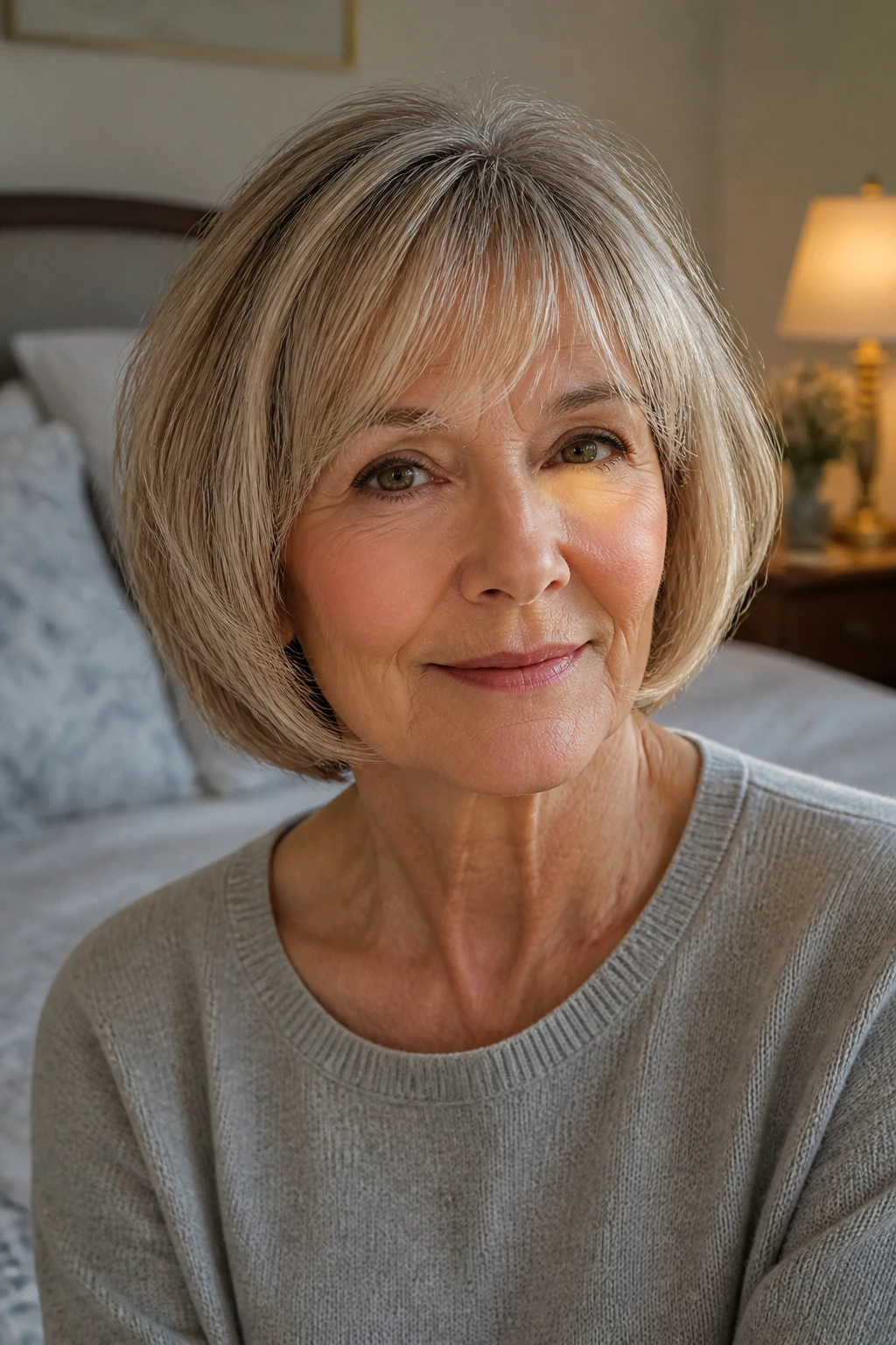 Close-up portrait of a real woman with rounded bob and soft fringe in natural window light
