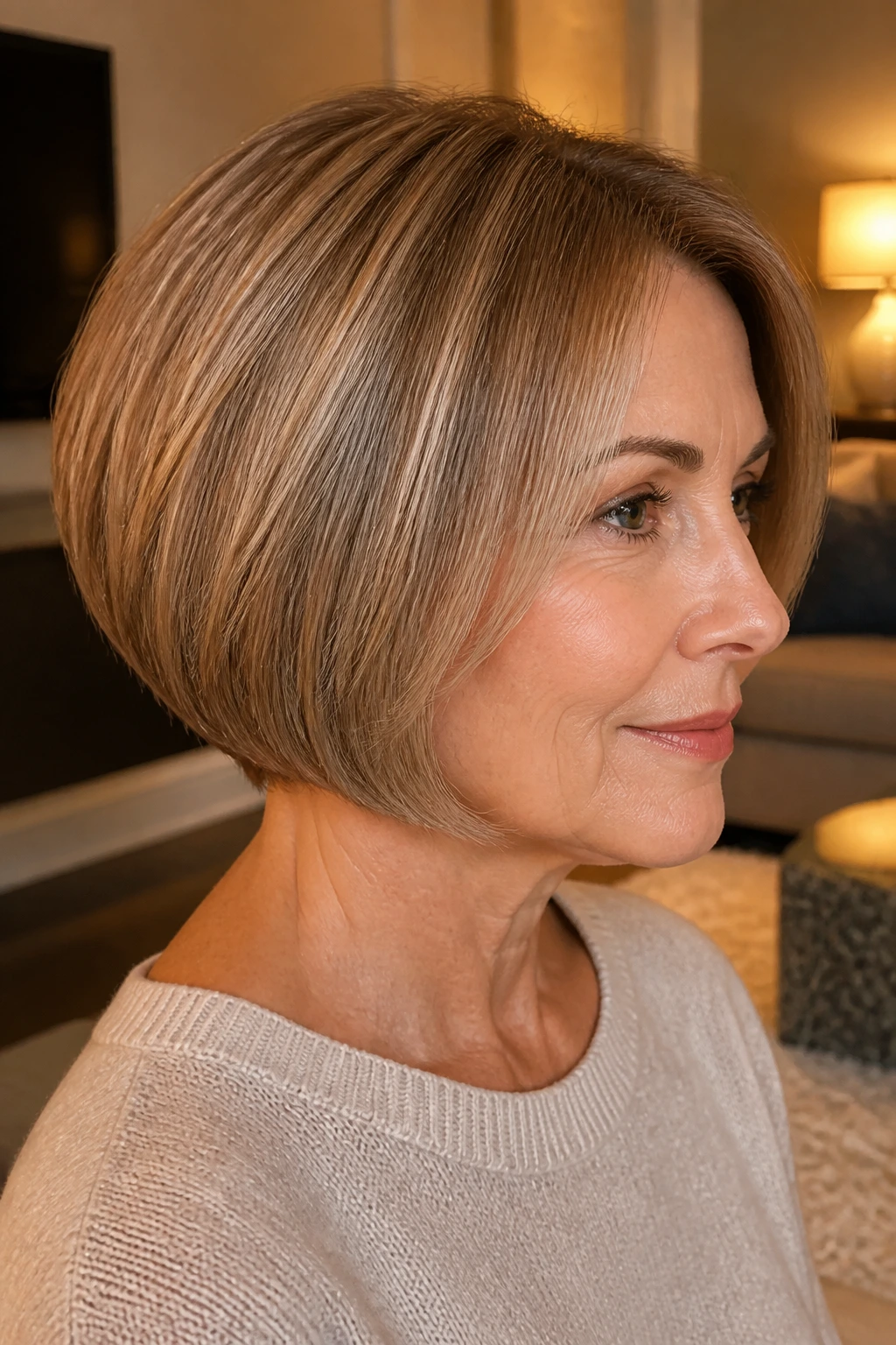 Real woman with rounded bob soft graduation in cozy living room light.