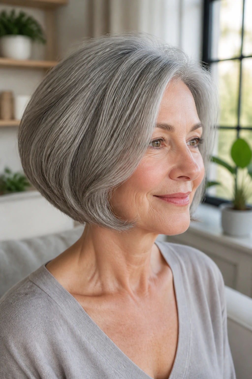 Portrait of a real woman with rounded bob and soft volume silver hair