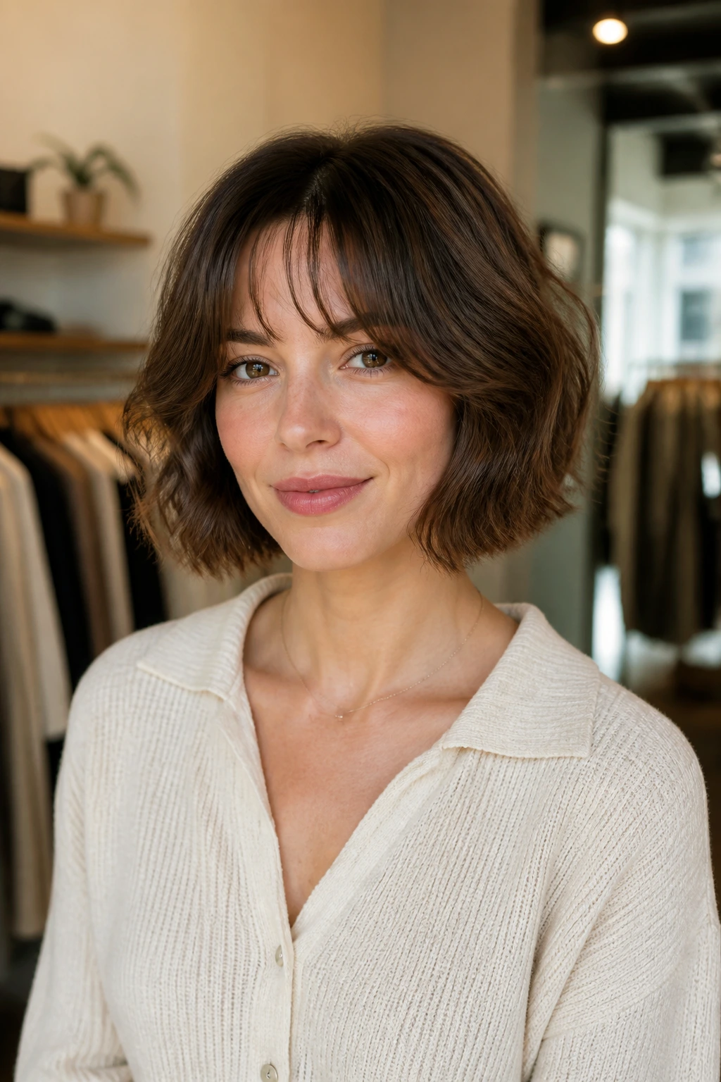 Real person with rounded bob and split fringe in a chic boutique setting