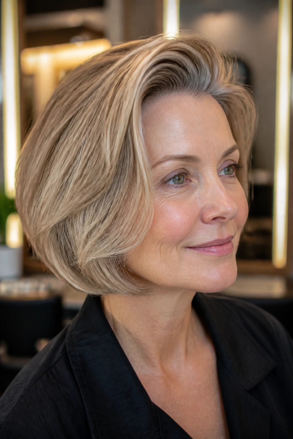 Real person with rounded bob and swept-back crown volume