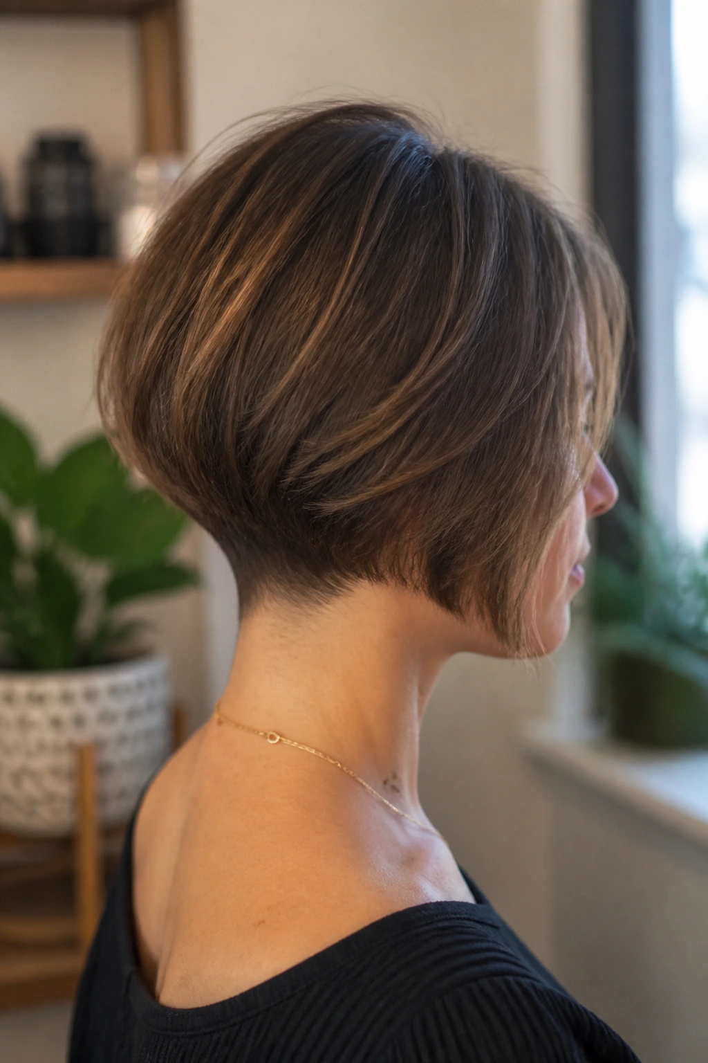 Back and side view of real person wearing rounded bob with tapered nape.