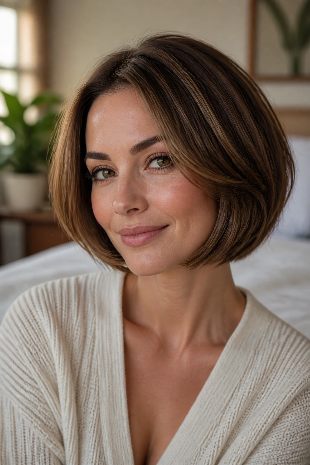 Close-up of a woman with rounded bob and soft volume in warm window light