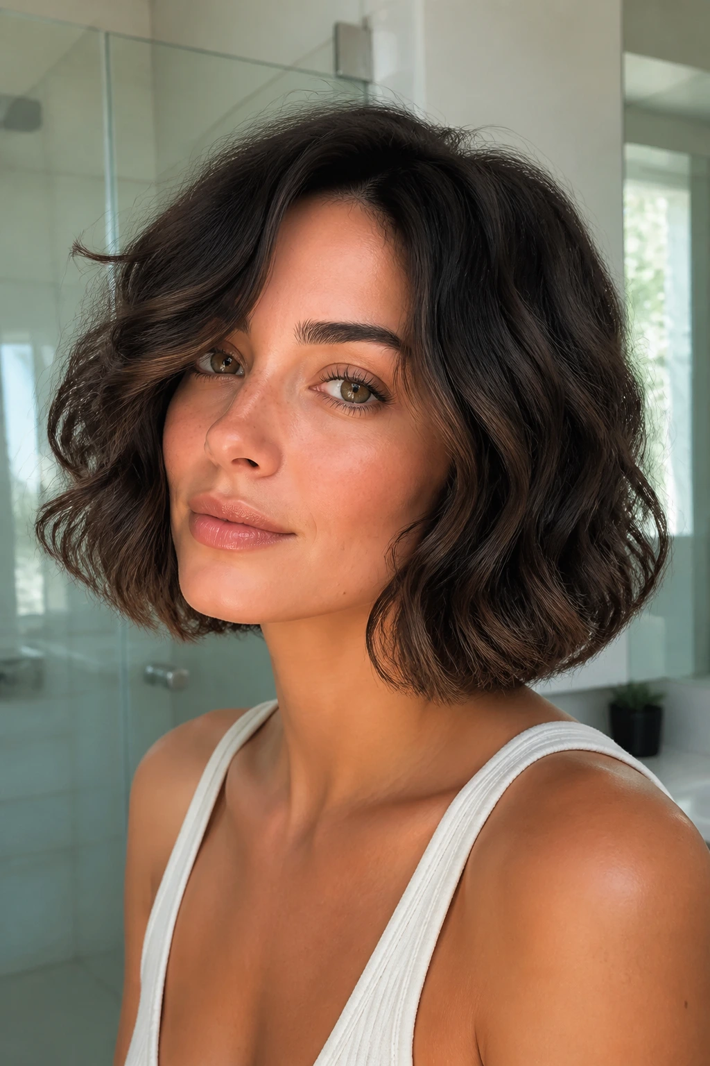 Close-up of a real woman with rounded bob and soft textured ends
