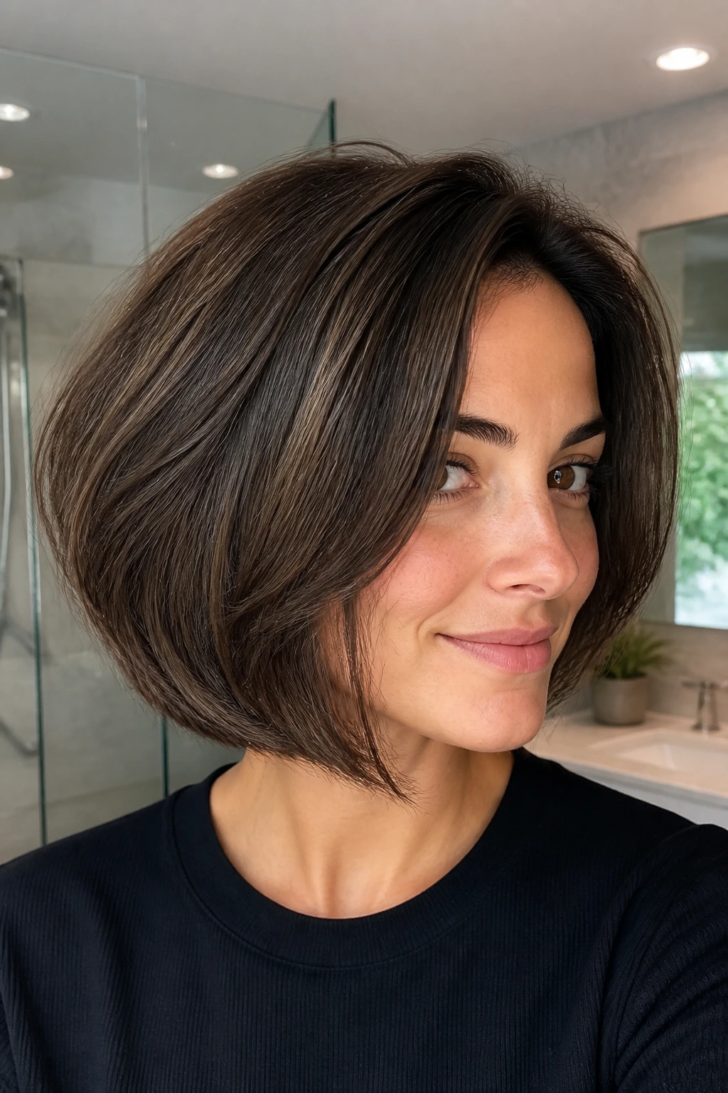Close-up of a real woman with rounded bob shaping thick hair