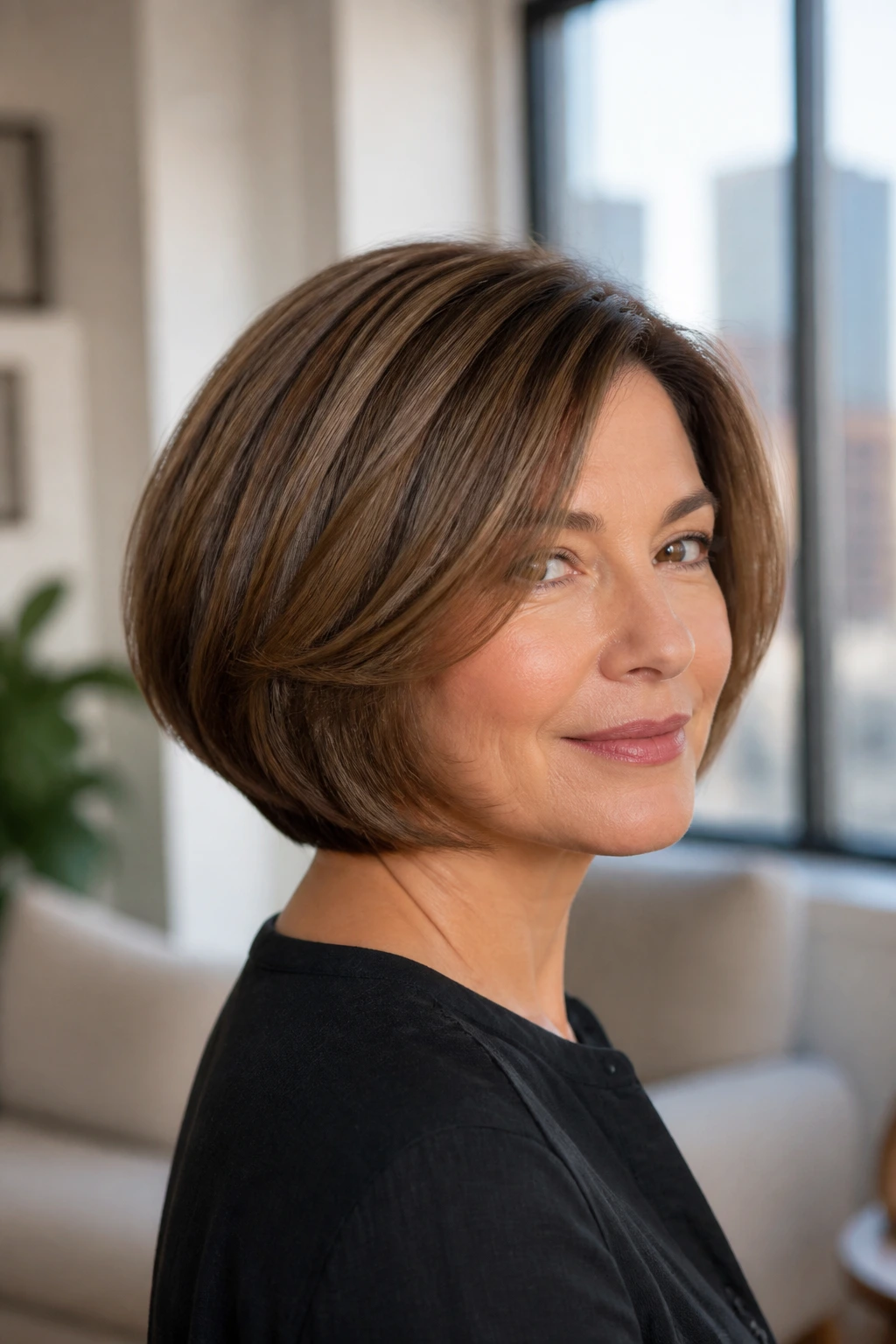 Close-up portrait of a real woman with a rounded bob showing a soft dome silhouette