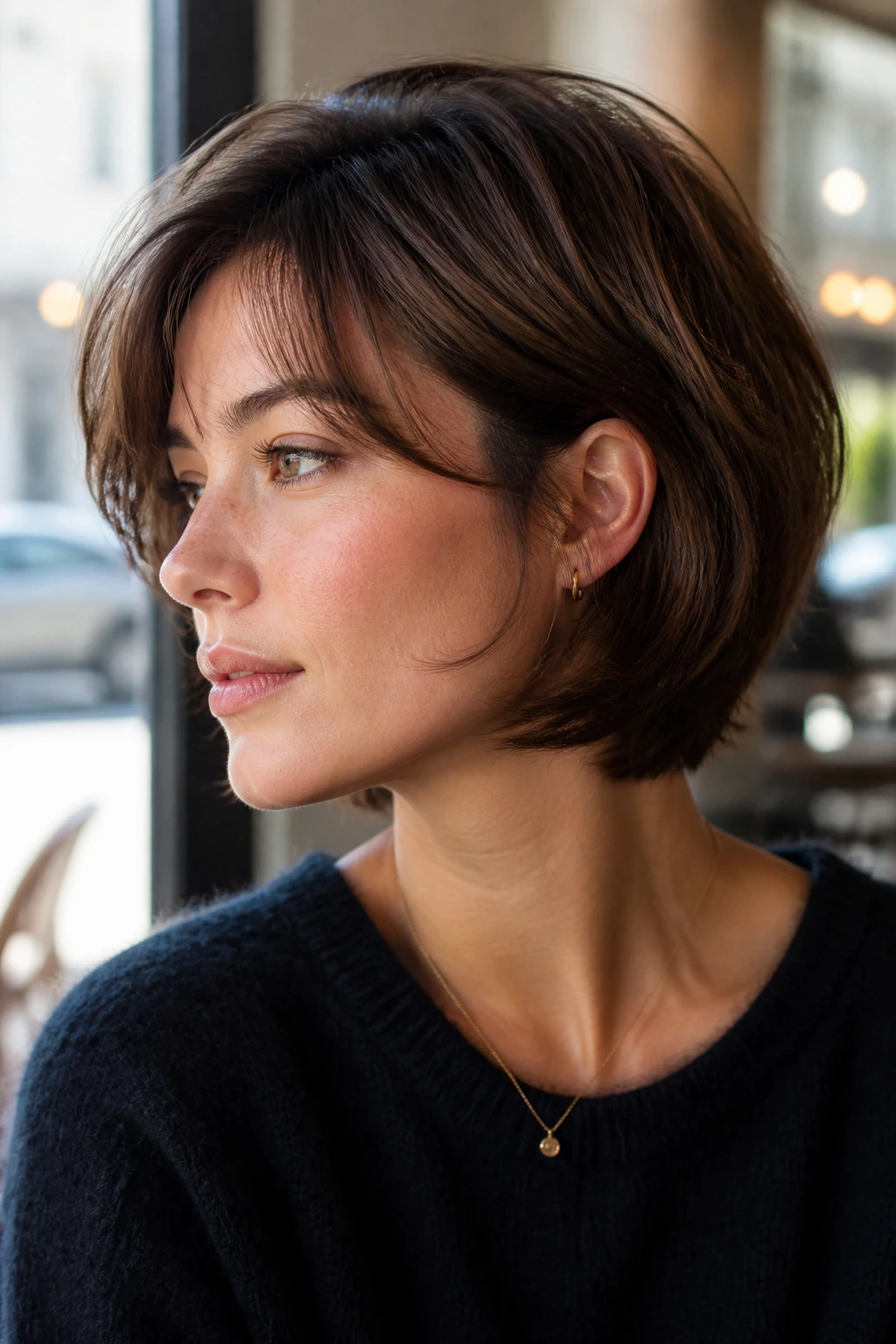 Close-up of a real person wearing a Rounded Bob-Wolf, featuring curved silhouette and subtle movement.