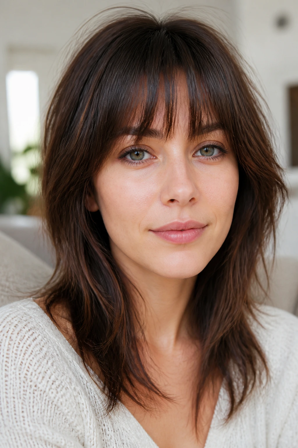 Close-up of a real person with rounded bottleneck fringe and choppy ends in bright natural light.