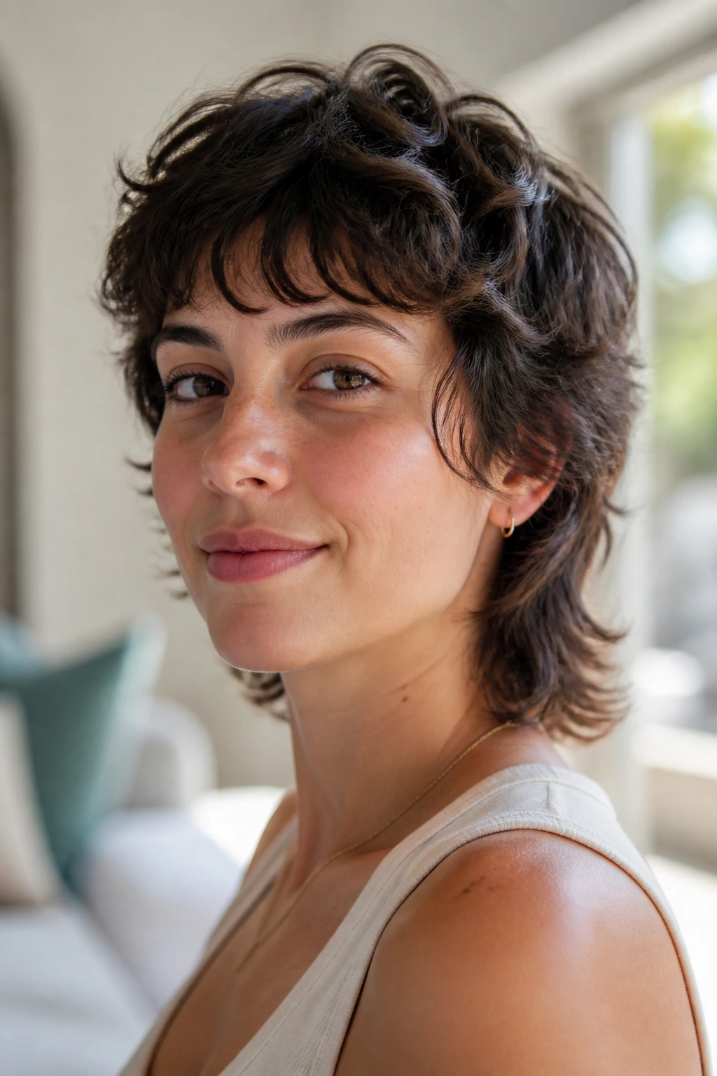 Close-up portrait of a real person with a rounded bouncy mullet under soft window light.