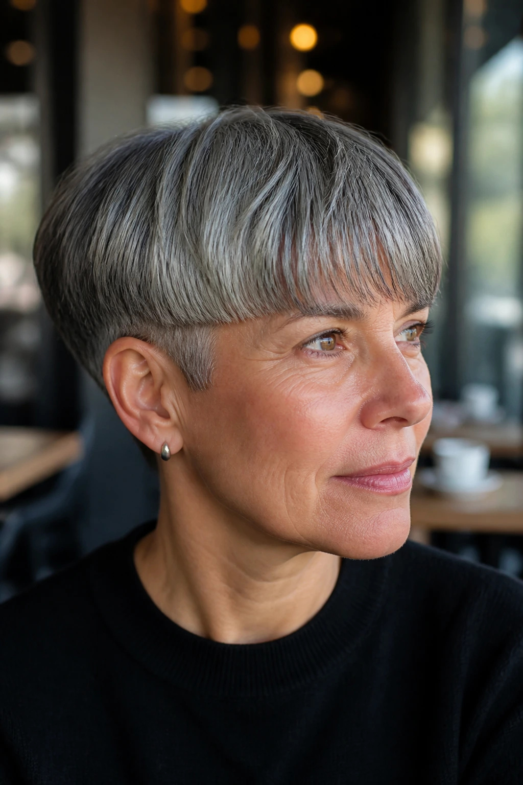 Close-up of a real person with rounded salt-and-pepper bowl cut