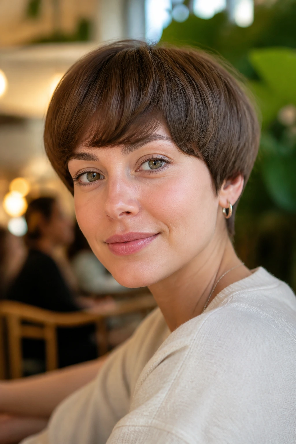 Close-up portrait of a real woman with Rounded Bowl-Shape Pixie in a softly lit cafe