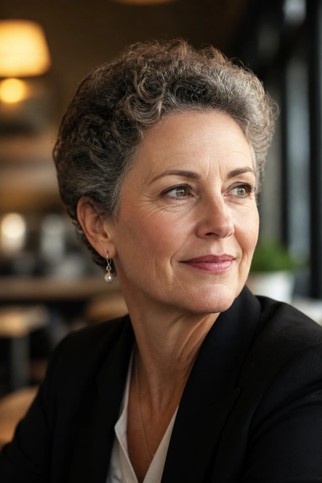 Portrait of a real woman with a rounded brush-back perm crop.