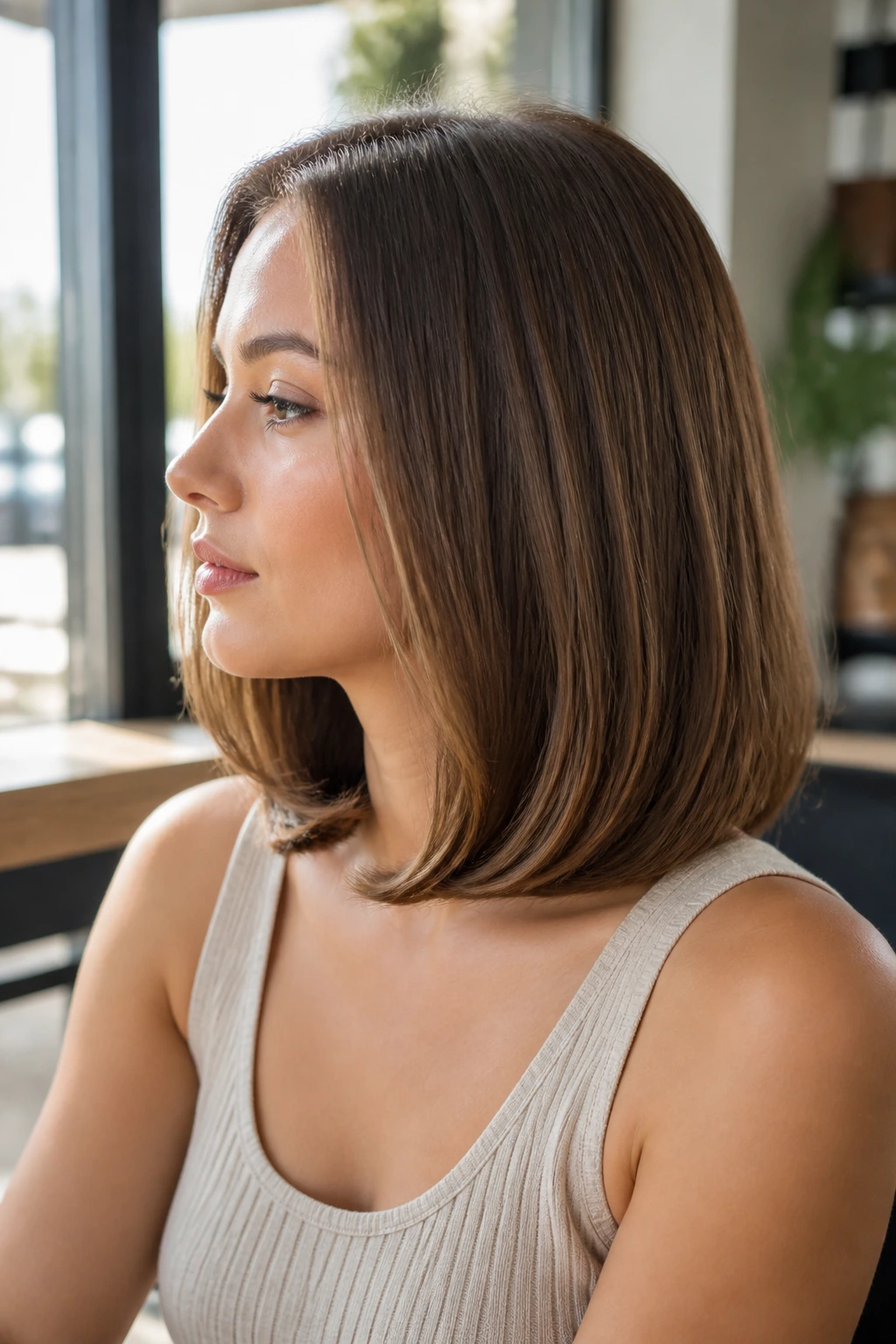 Close-up of a real woman with a Rounded-Brush Lob That Bends Under Naturally; ends curve inward