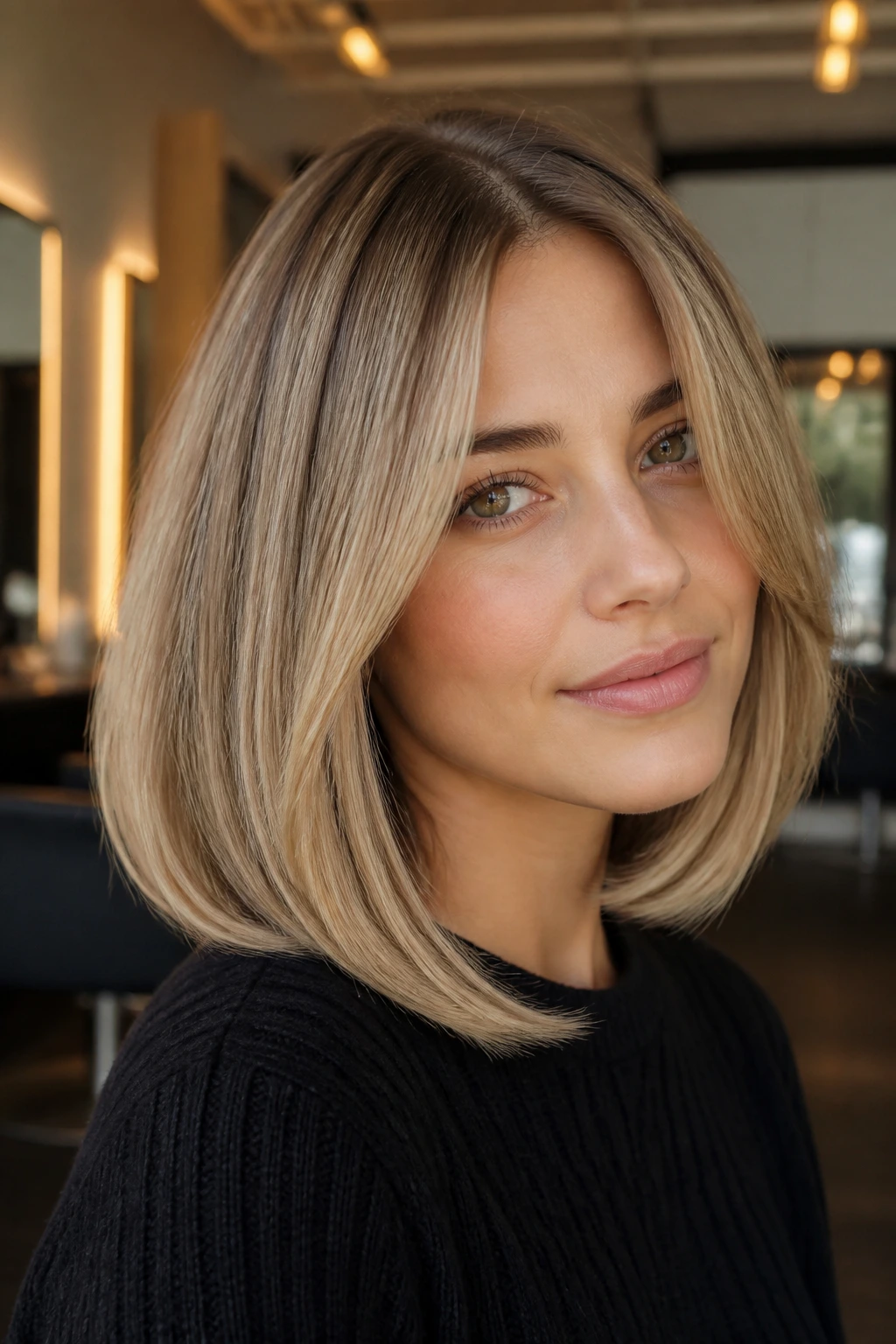 Close-up portrait of a real woman with a rounded brush-out lob in a warm salon setting