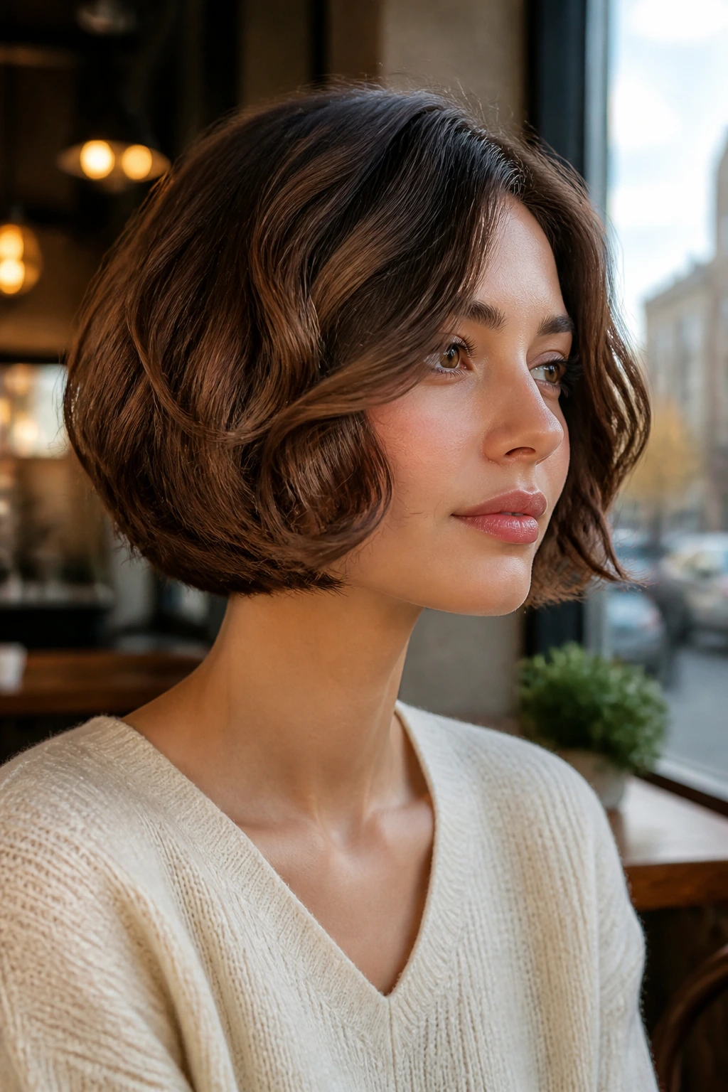 Close-up of a real woman with a rounded bubble bob and lifted crown in a cozy cafe light
