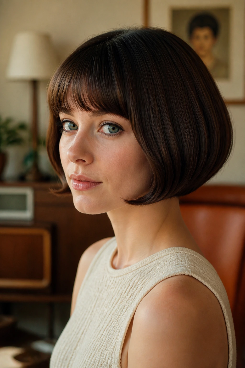 Close-up portrait of a real woman with Rounded Bubble Bob, soft rounded silhouette