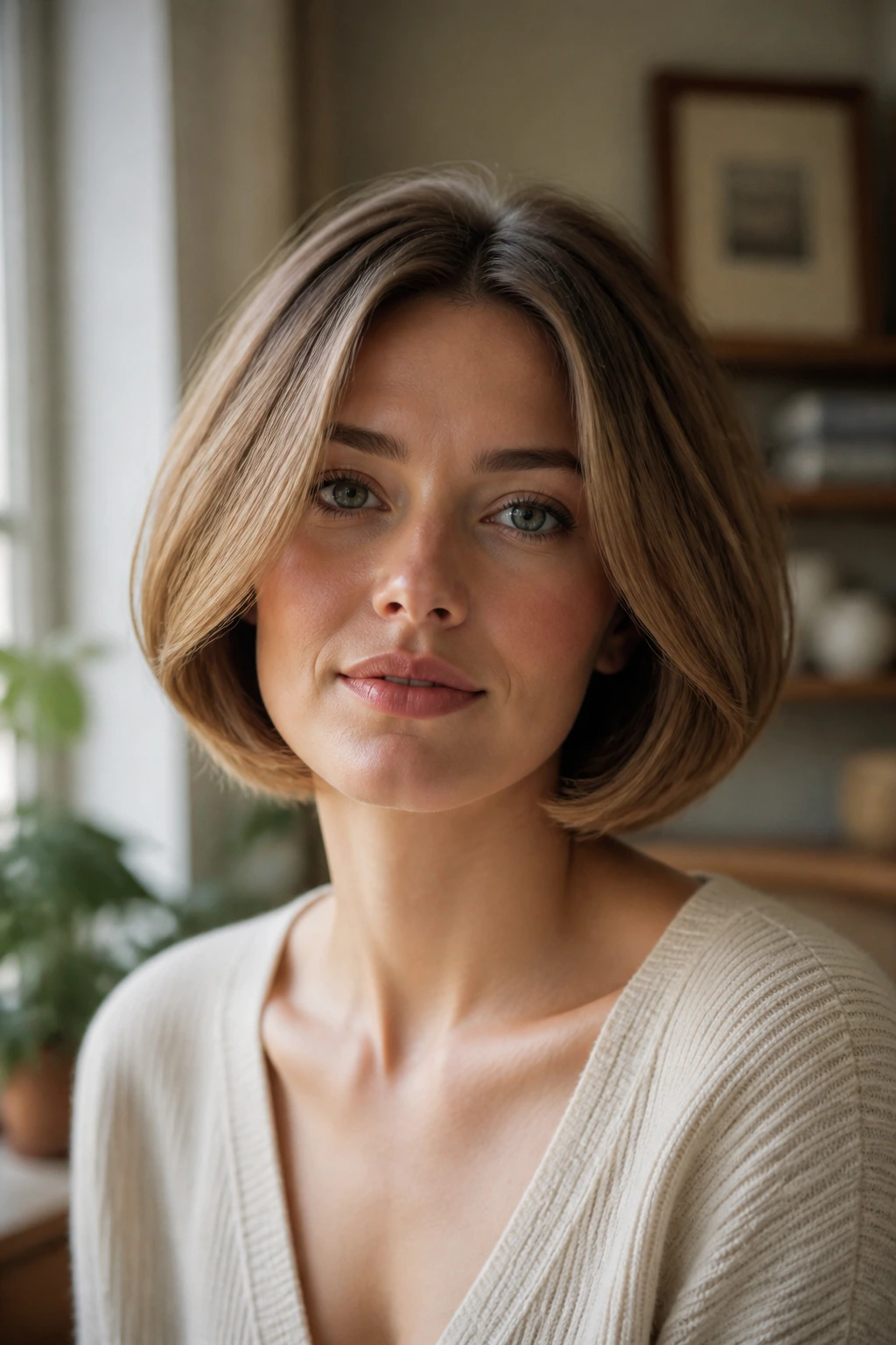 Close-up portrait of a woman with a rounded bubble bob hairstyle.