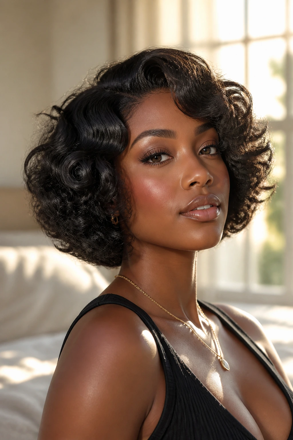 Close-up of a real woman with a rounded bubble bob hairstyle in a sunlit bedroom