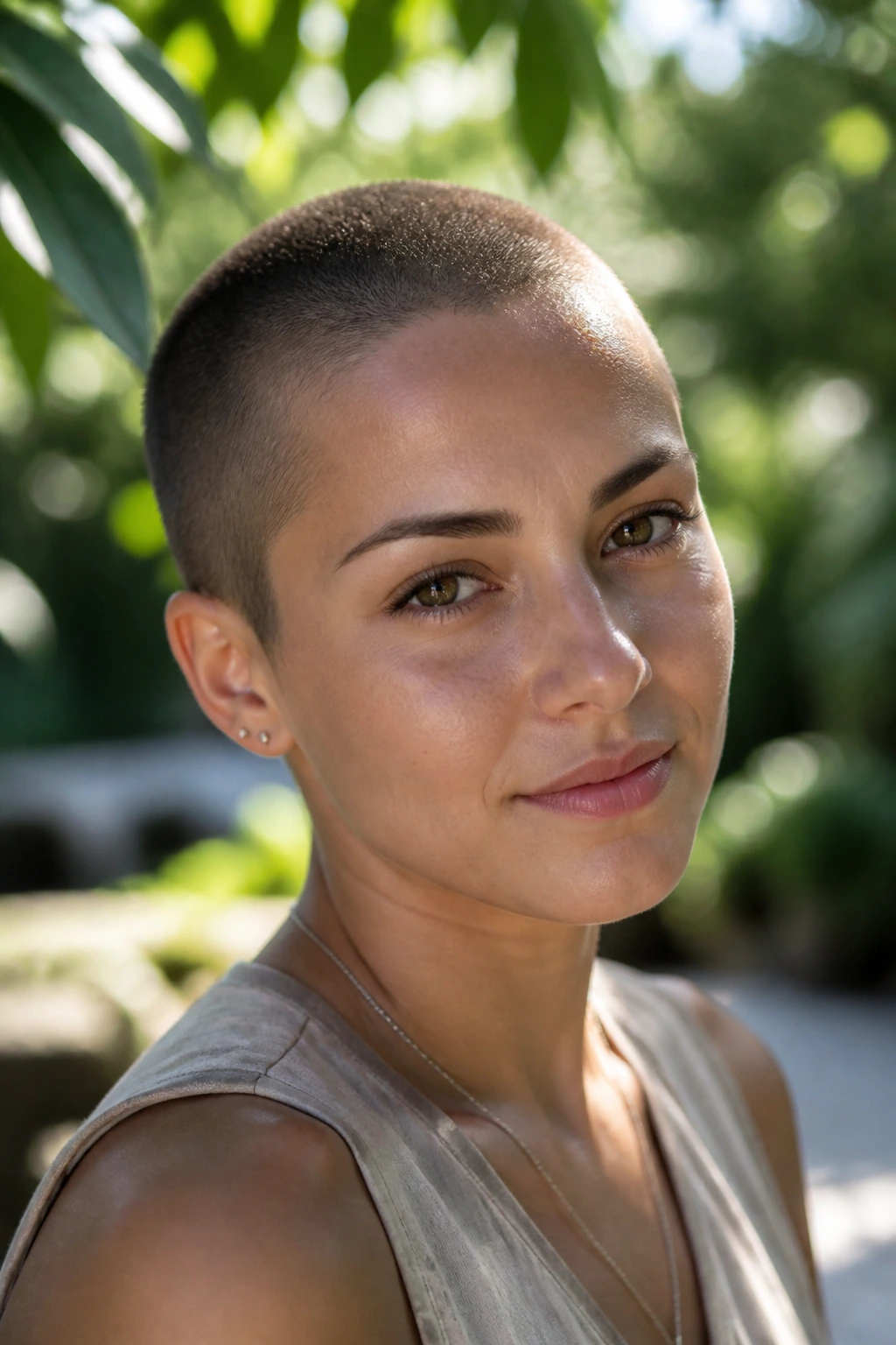 Close-up portrait of a woman with a rounded buzz cut following the skull curve