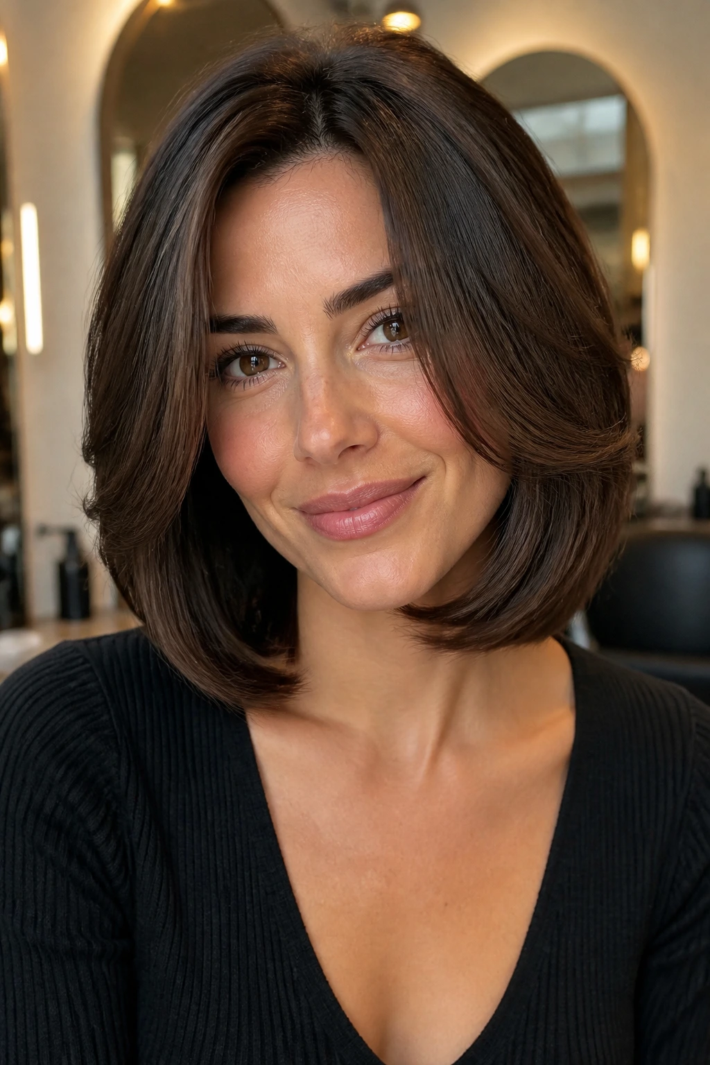Woman with rounded C-shape blowout and curved ends.