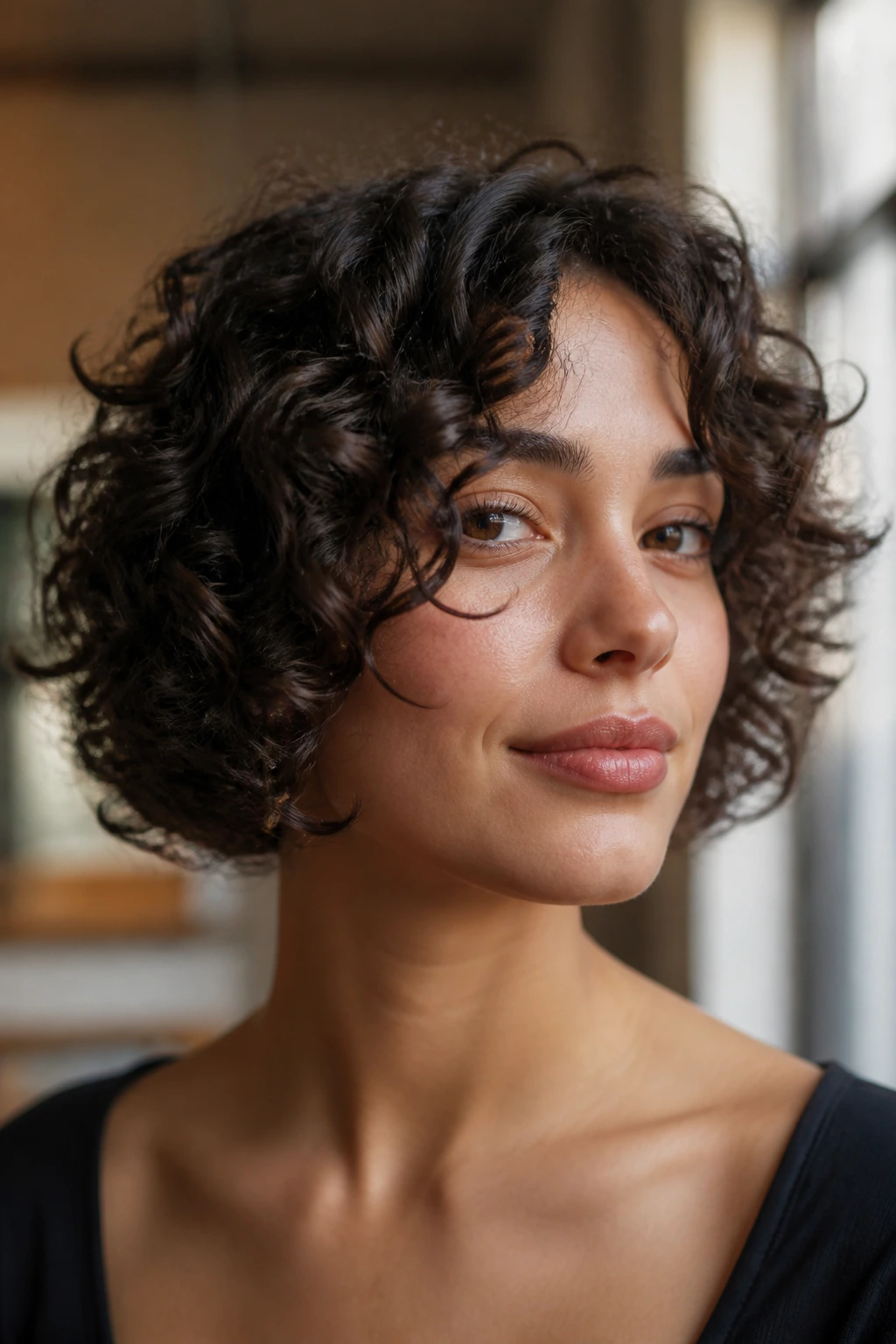 Close-up of chin-length rounded curly bob on a real woman