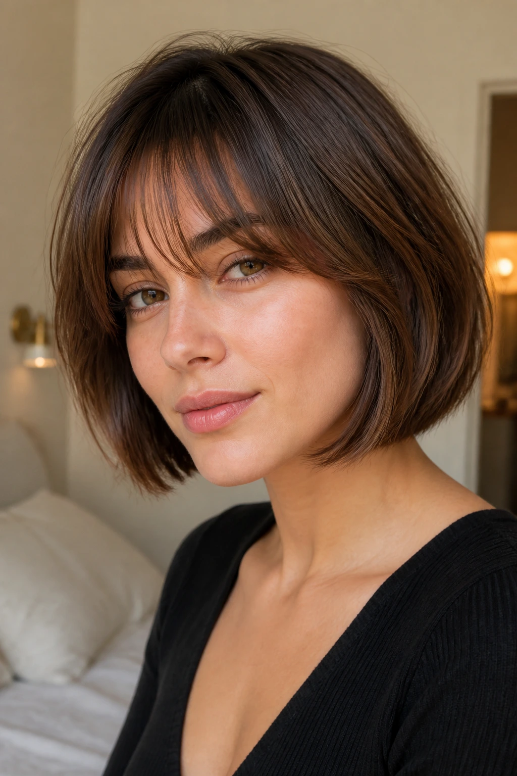 Close-up portrait of a real woman with rounded chin-length layers and brow-grazing bangs in a softly lit room