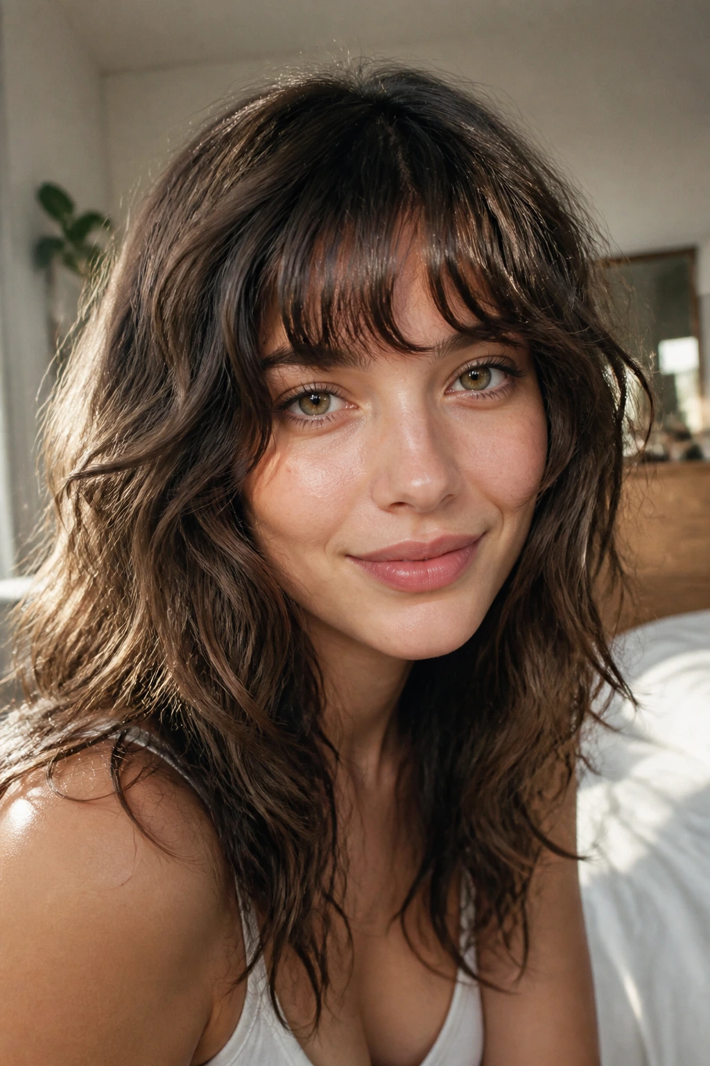 Close-up of a real woman with rounded choppy bangs on thick, wavy hair